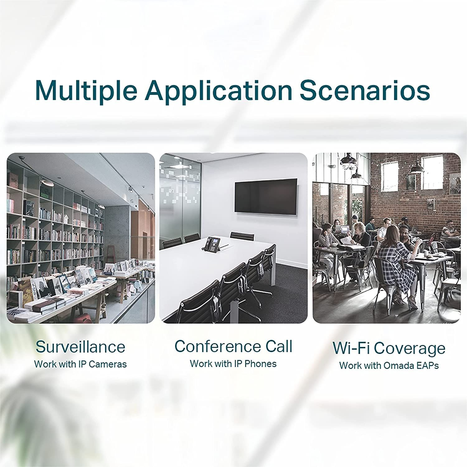 Drie afbeeldingen die bewakings-, conference call- en Wi-Fi-dekkingsscenario's voor een apparaat tonen.