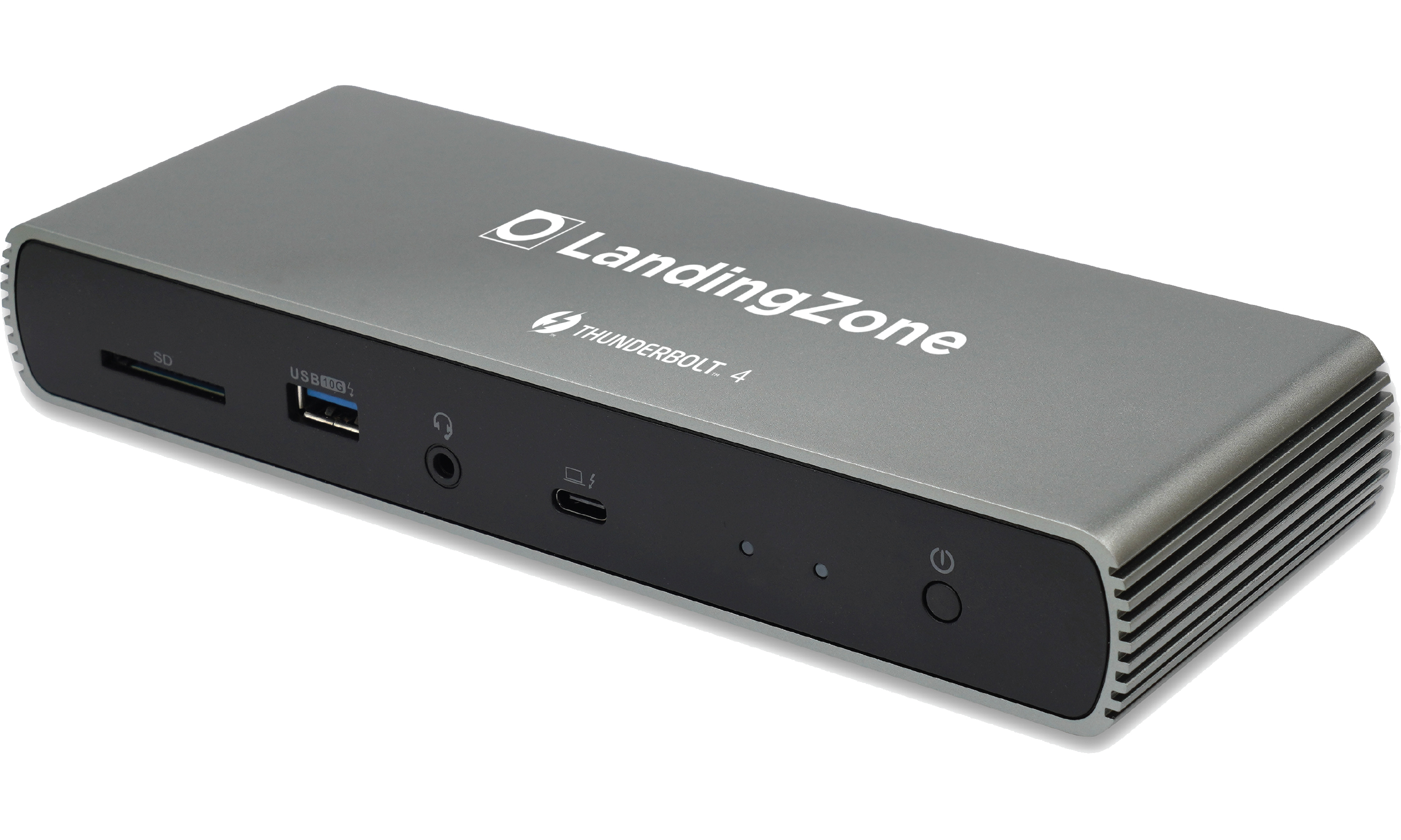 Eine graue Dockingstation mit LandingZone und Thunderbolt 4 Branding, mit Anschlüssen.