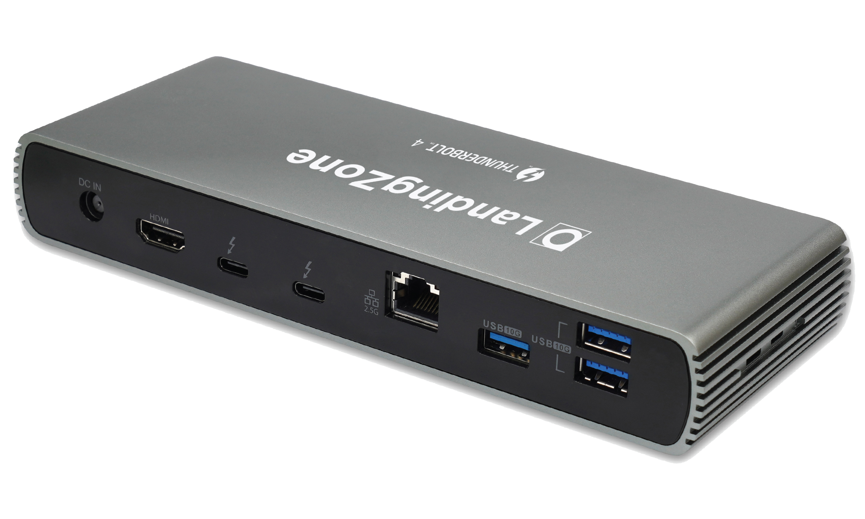 Eine silberne LandingZone Thunderbolt 4 Dockingstation mit mehreren Anschlüssen auf weißem Grund.