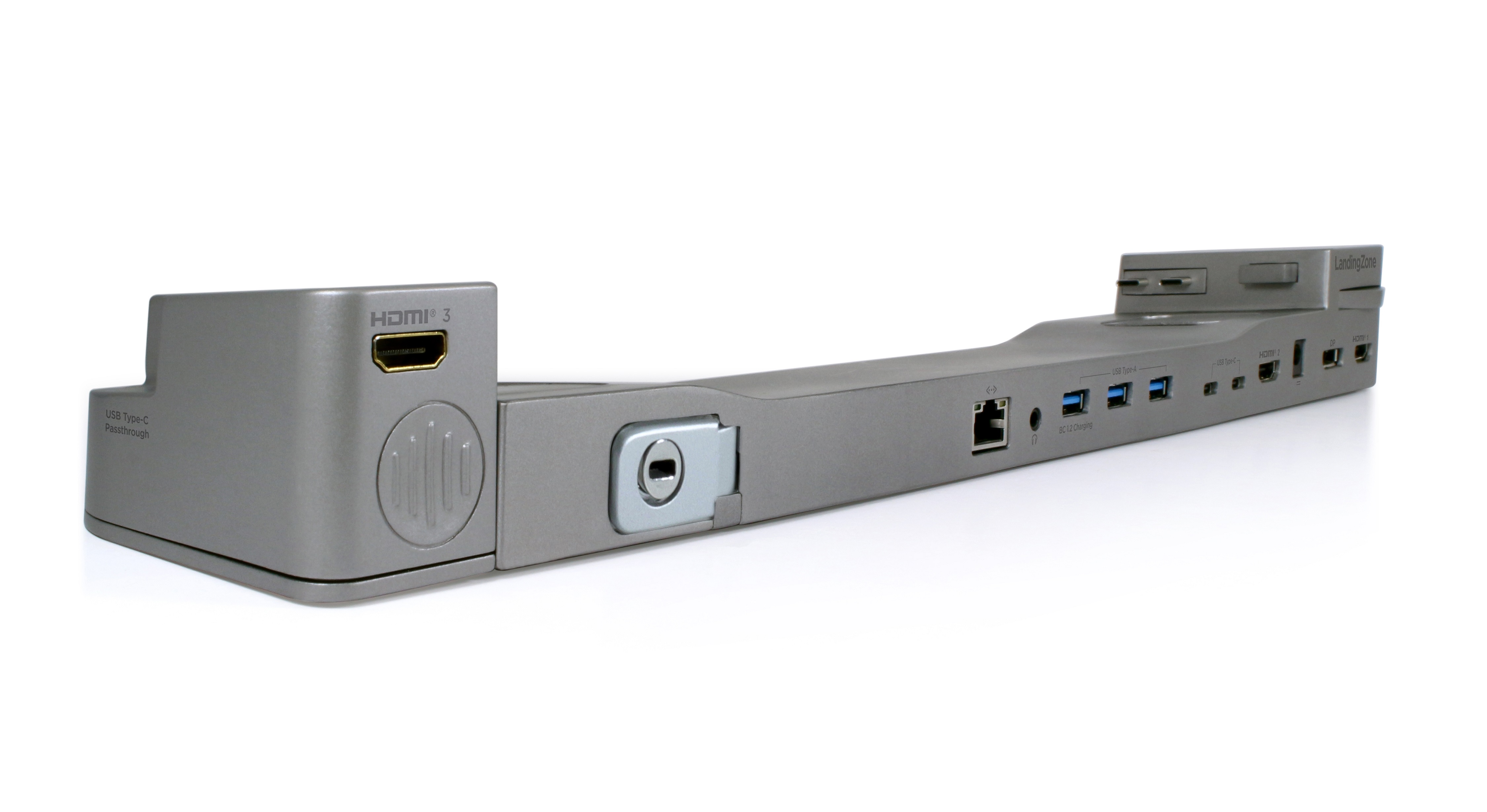 Silberne Dockingstation mit mehreren Anschlüssen, einschließlich HDMI, USB und Ethernet.