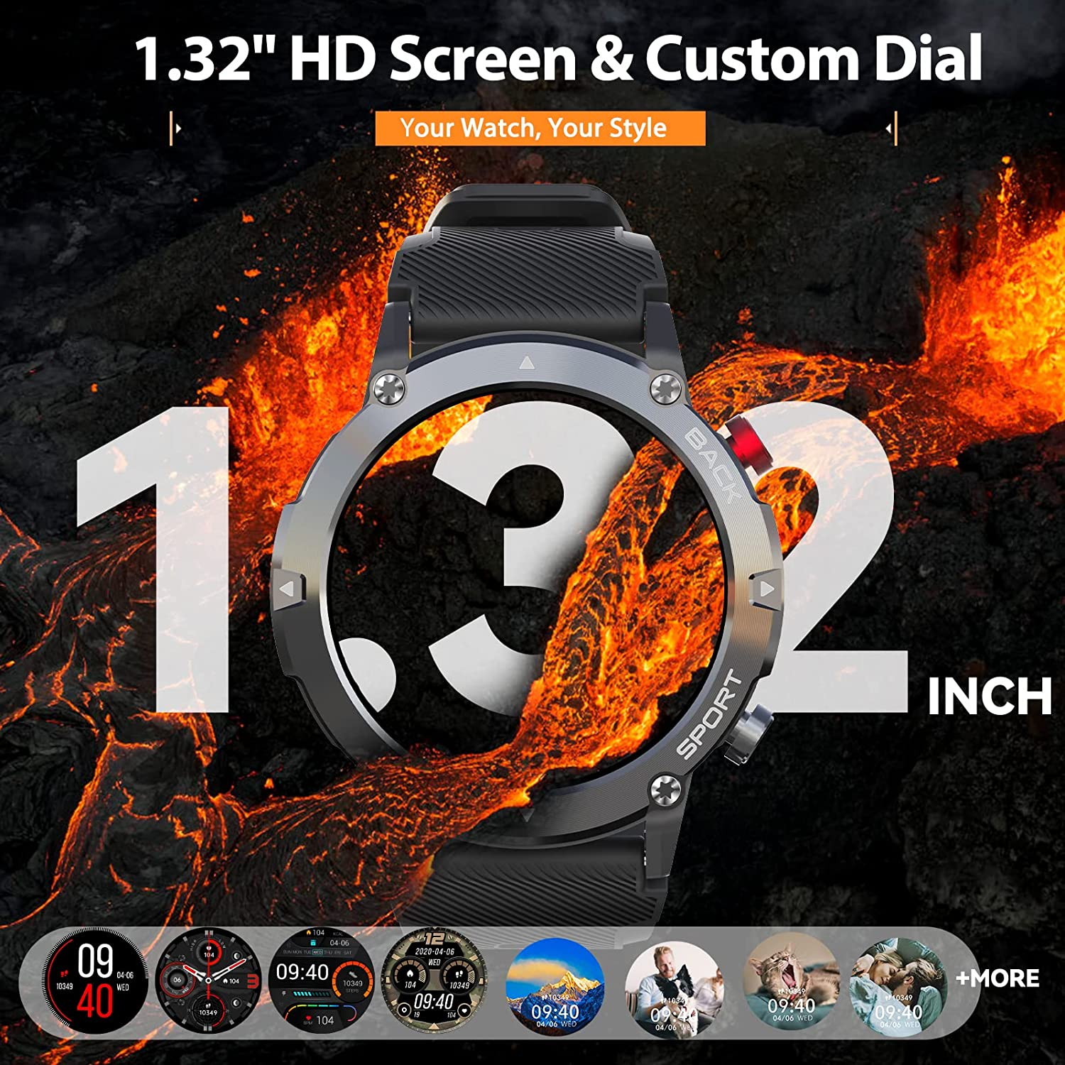 Smartwatch z dużym wyświetlaczem, pokazujący cyfrową tarczę zegarka i płomienne tło.