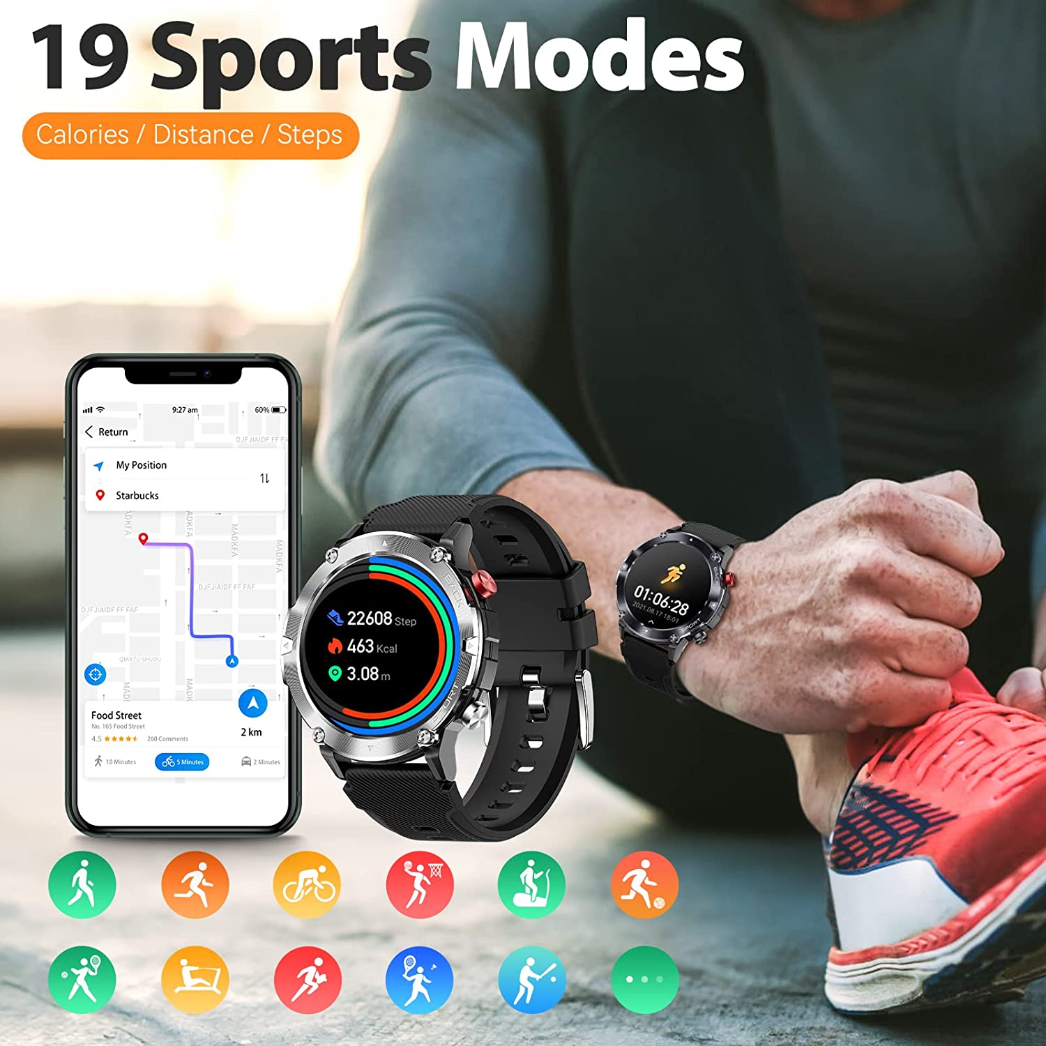 Smartwatch na nadgarstku, pokazuje kroki, dystans i tryby.