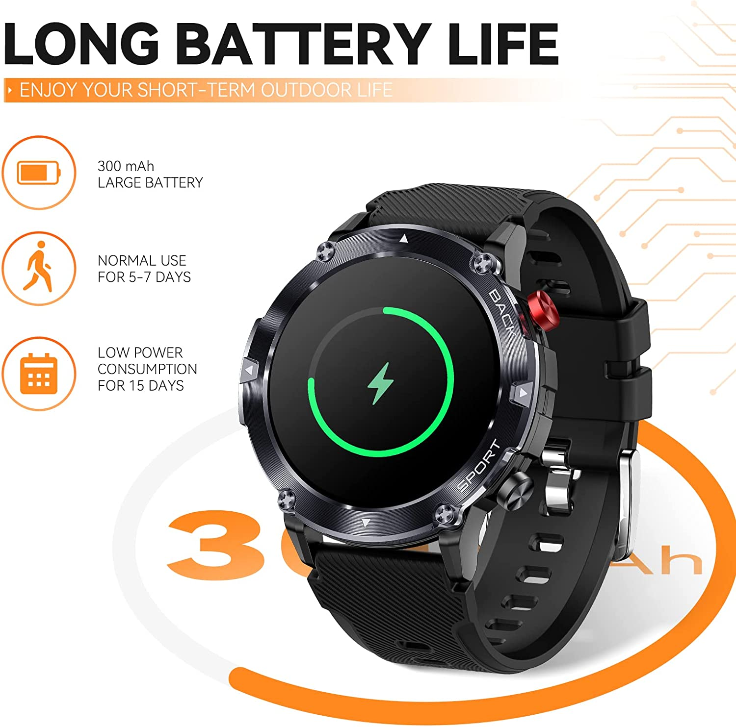 Czarny smartwatch z zieloną błyskawicą na ekranie. Tekst podaje informacje o baterii.