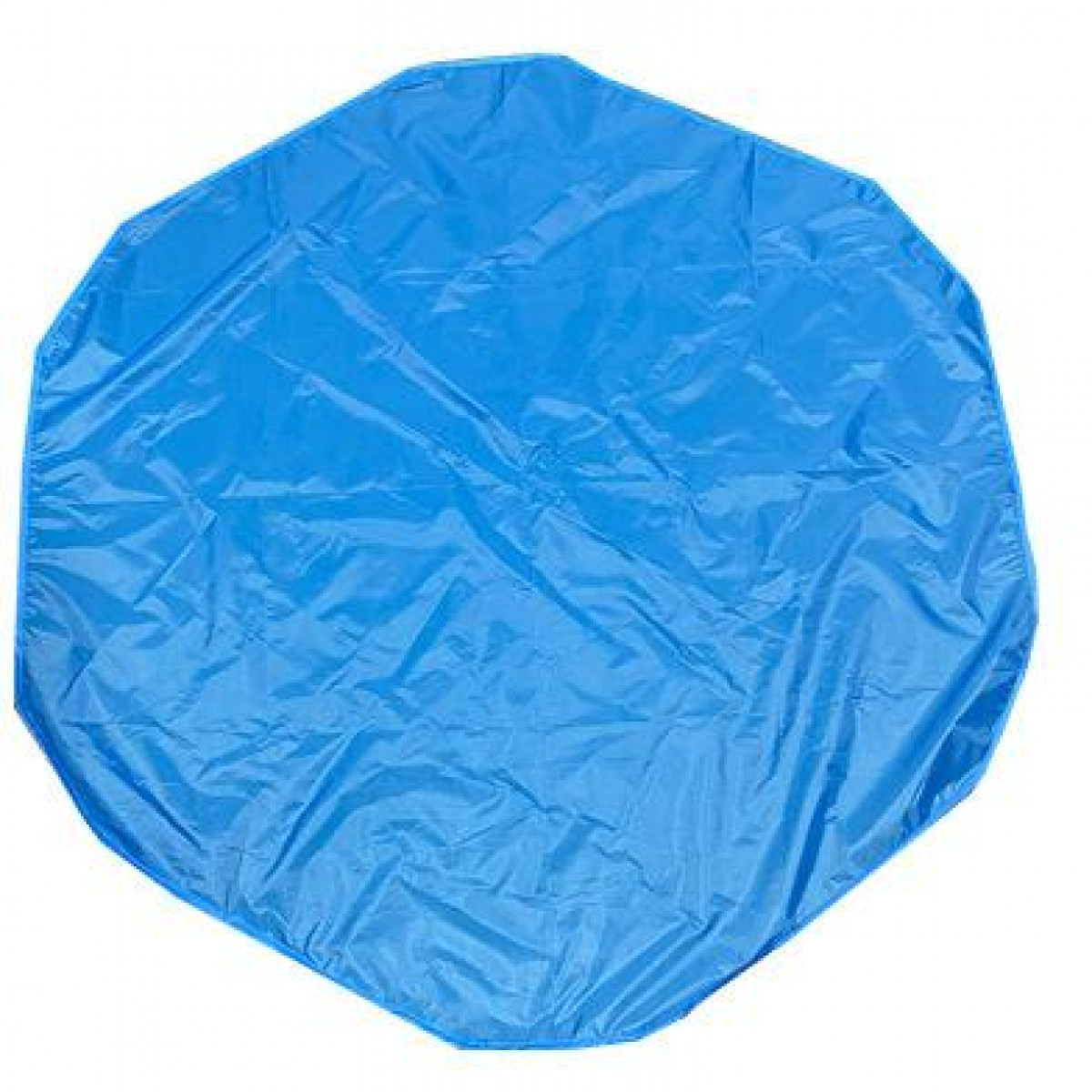 Blaues, achteckiges, faltbares Pad, isoliert auf weißem Hintergrund. Es scheint aus Nylon zu sein.