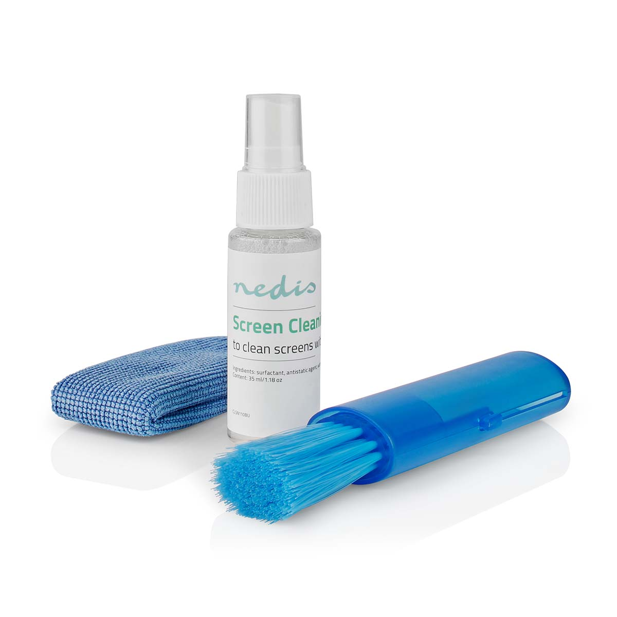 Screen cleaning kit with a blue brush, a blue cloth, and a spray bottle.