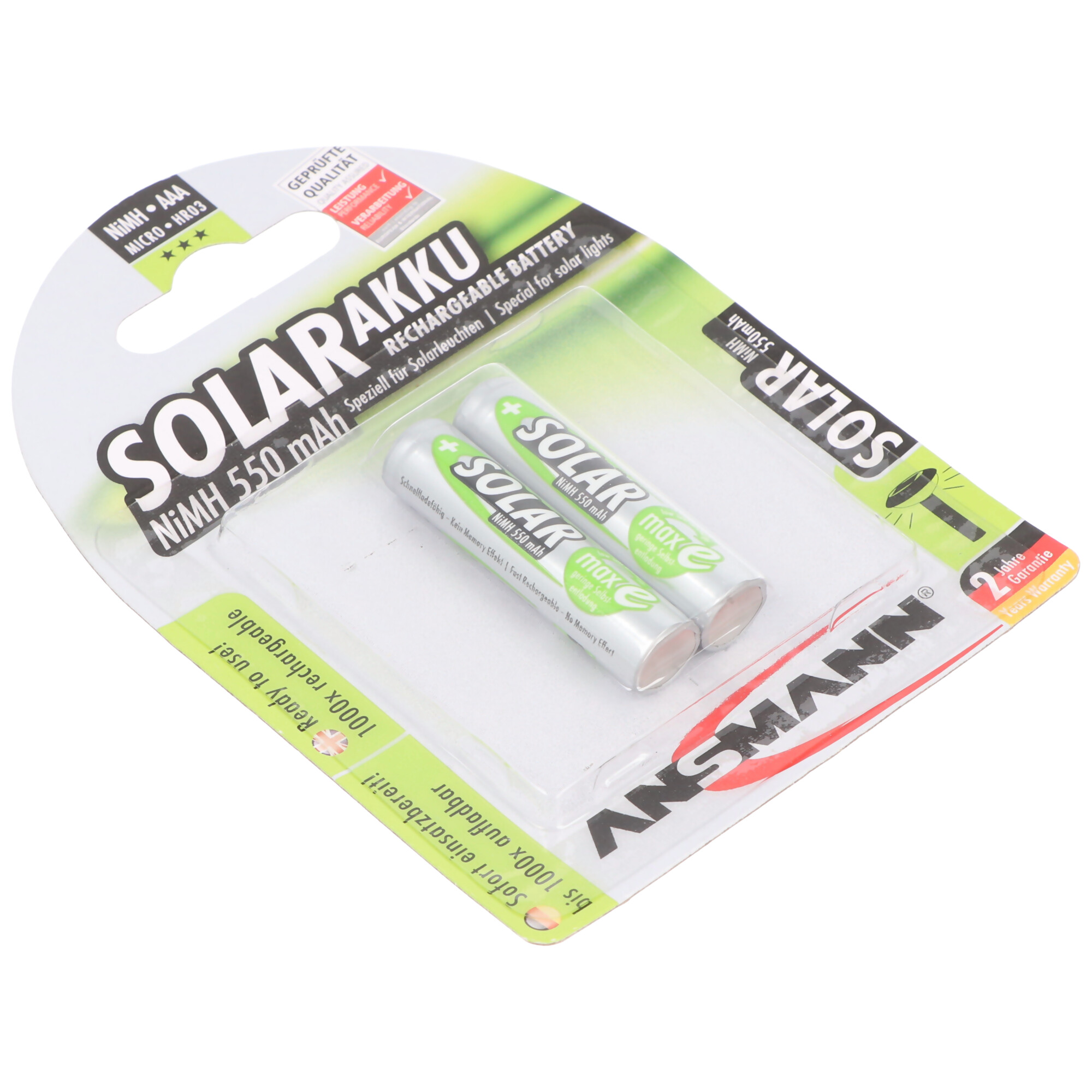 Due batterie ricaricabili solari in blister, confezione verde e bianca, nome del marchio.