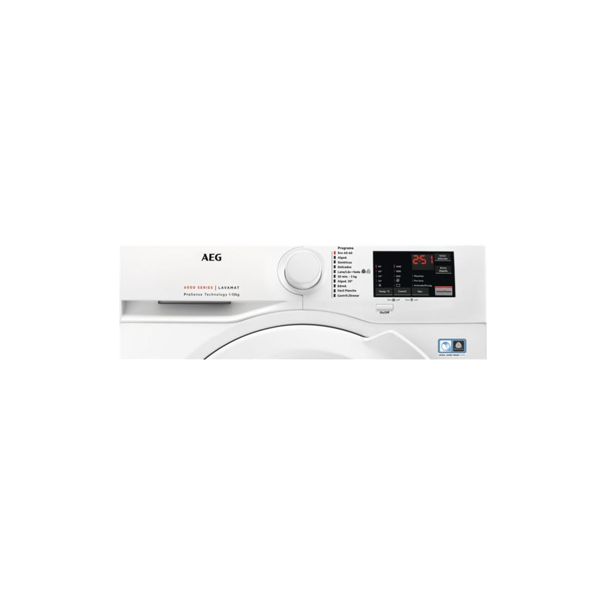 Primer plano del panel de control de una lavadora AEG blanca, mostrando ajustes y una pantalla roja.