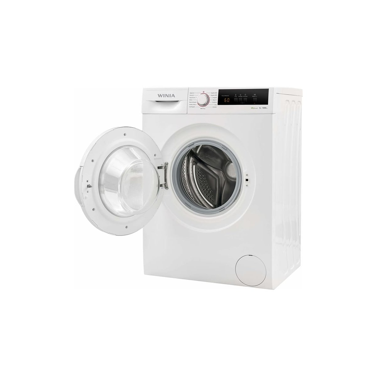 Lavadora WINIA blanca con puerta abierta. Panel de control en la parte superior, con dial y pantalla.