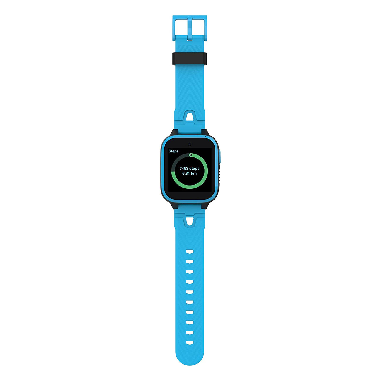 Blaue Smartwatch mit blauem Armband. Der Bildschirm zeigt Schritte und Distanz.