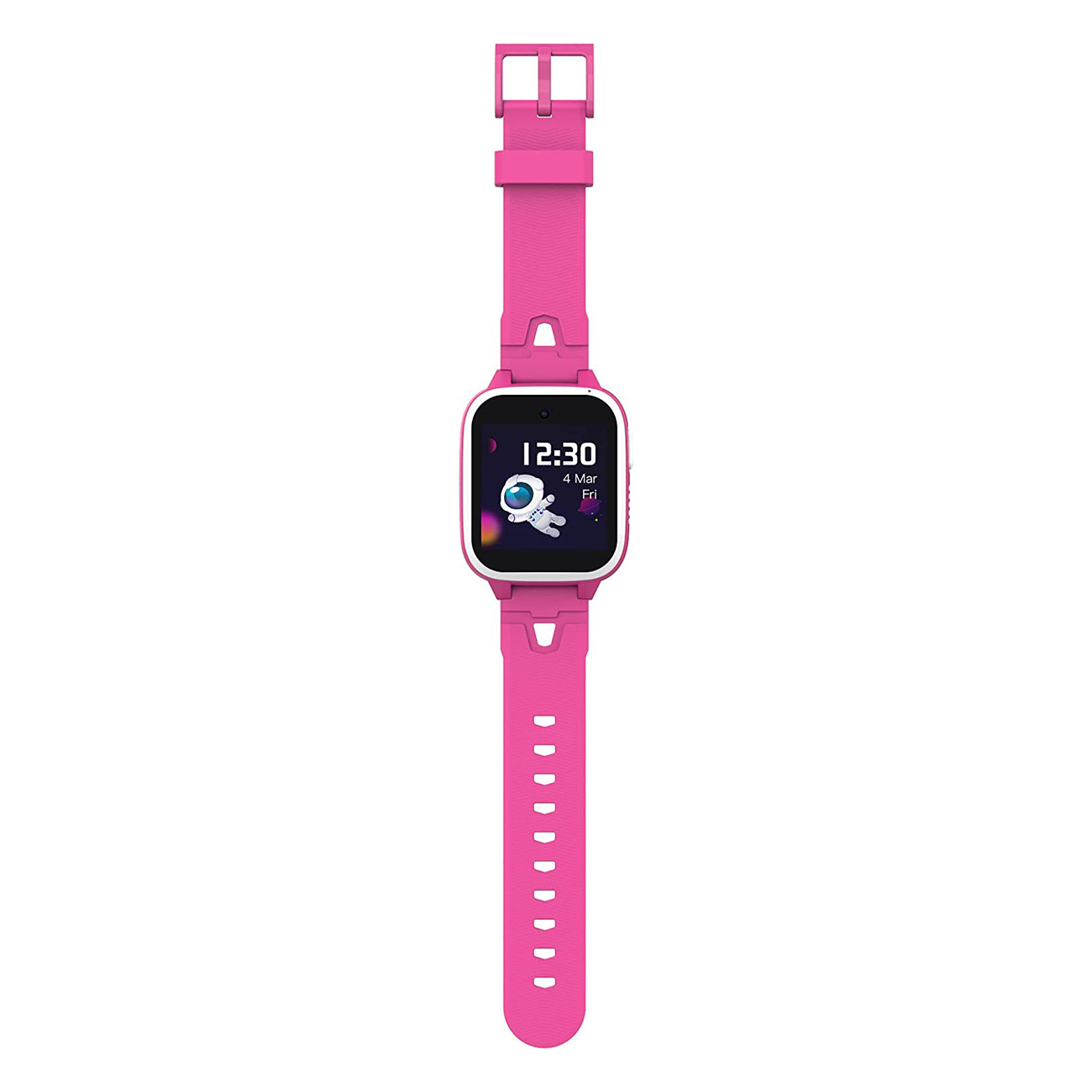 Smartwatch rosa, mostra ora e illustrazione astronauta, con cinturino rosa.