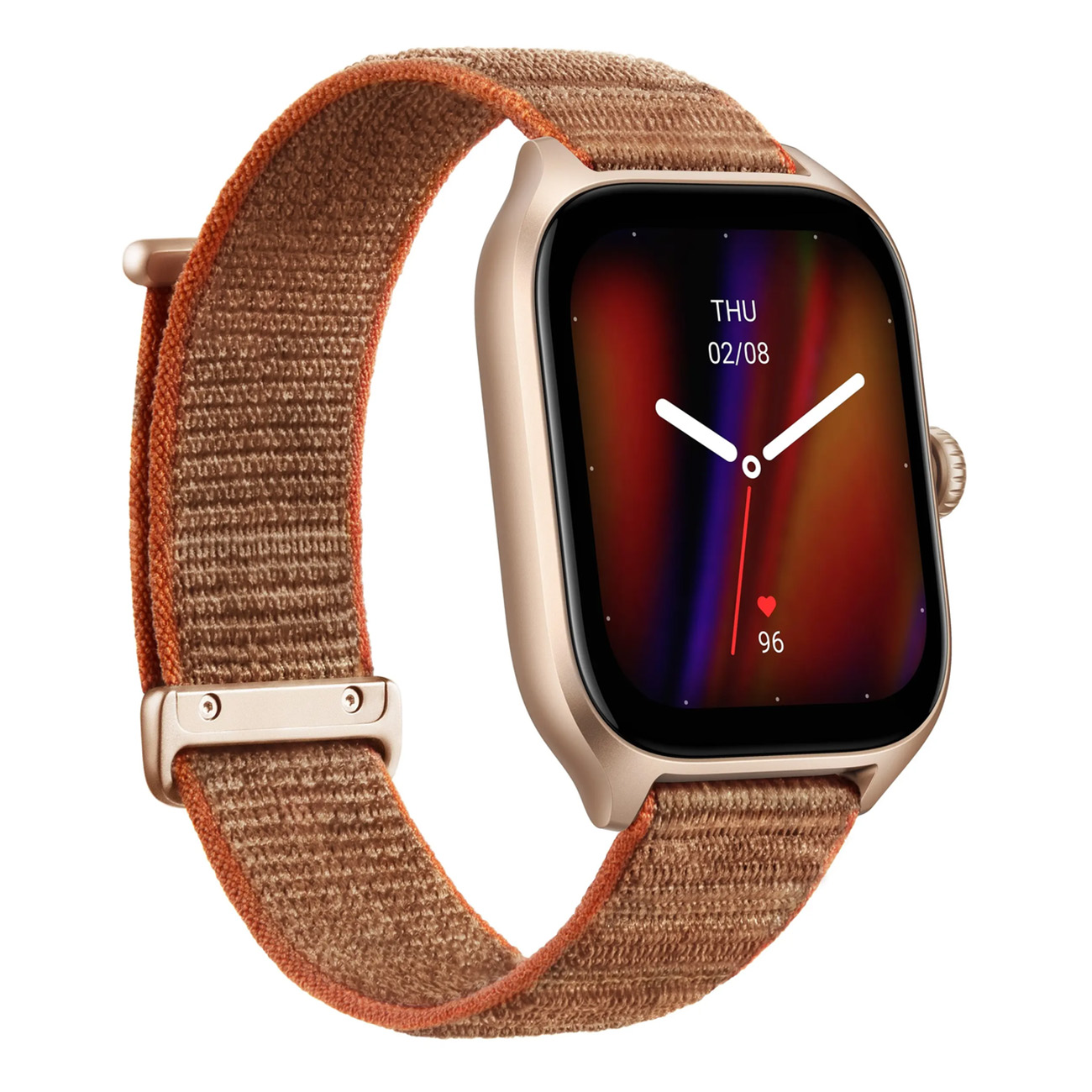 Uno smartwatch dorato con cinturino marrone che mostra ora e frequenza cardiaca.