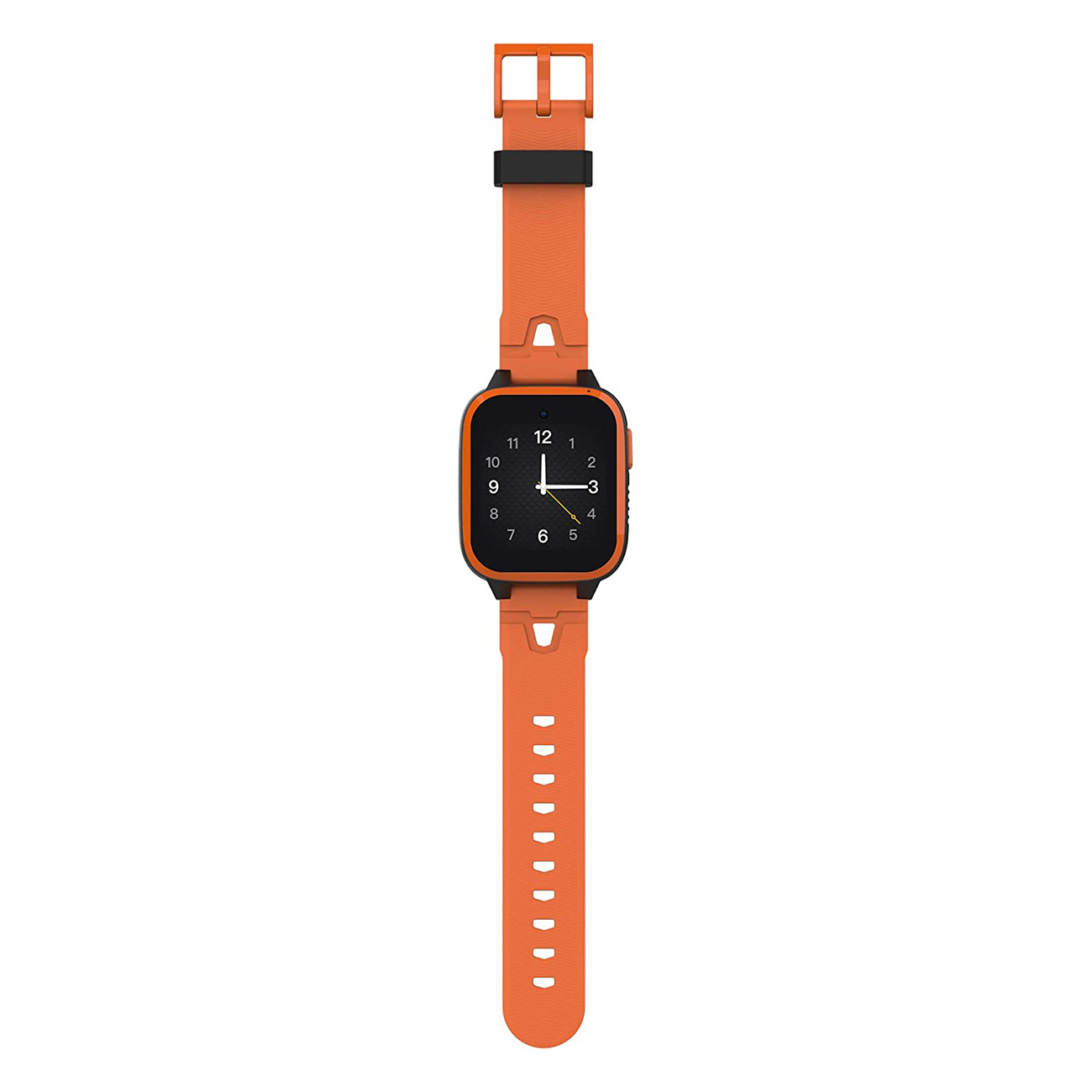 Eine orangefarbene Smartwatch mit schwarzen Akzenten.