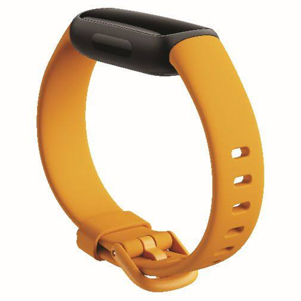 Opaska na nadgarstek Fitbit, żółty pasek z czarnym wyświetlaczem i klamrą.