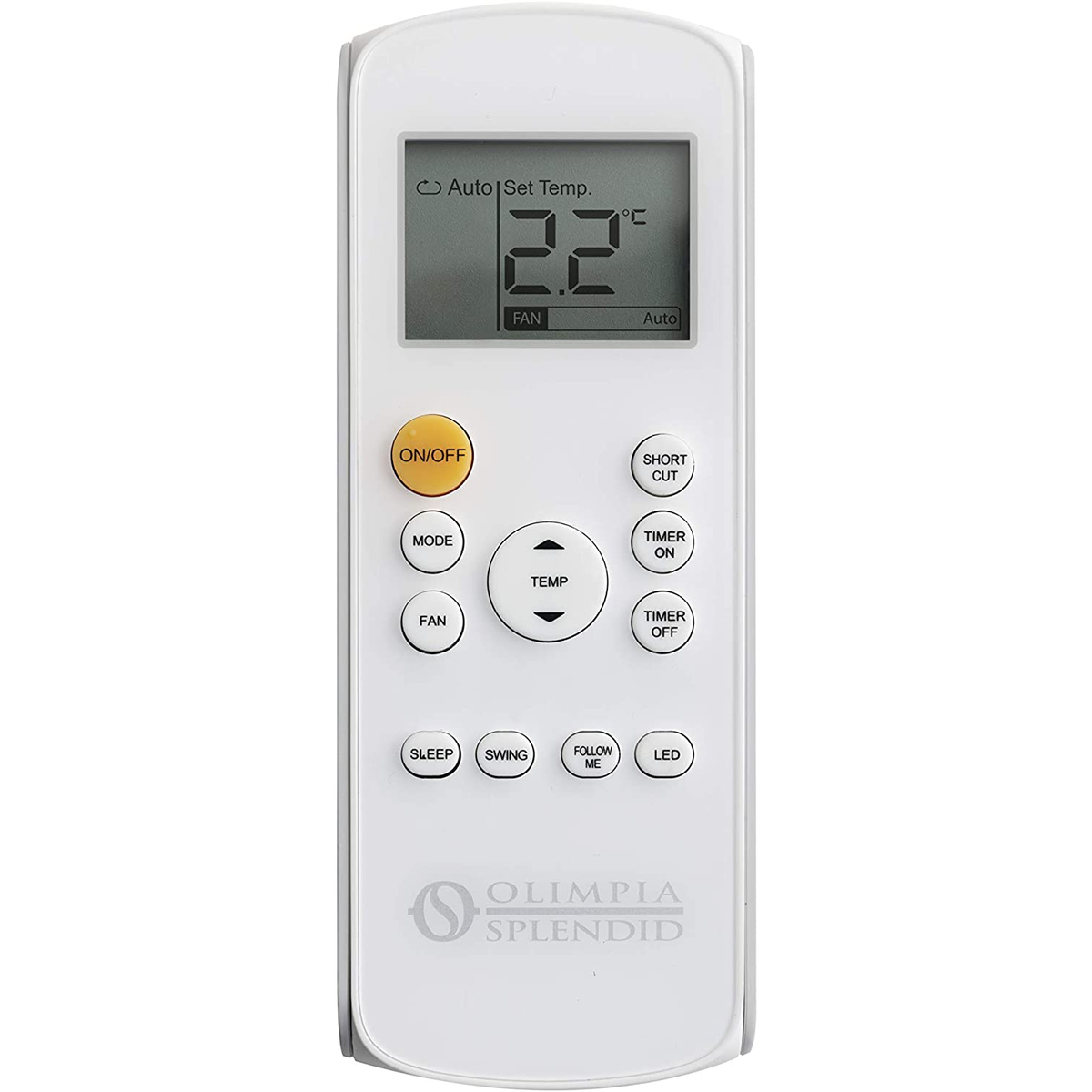 Un telecomando bianco con pulsanti, che mostra una temperatura di 2,2 gradi Celsius.