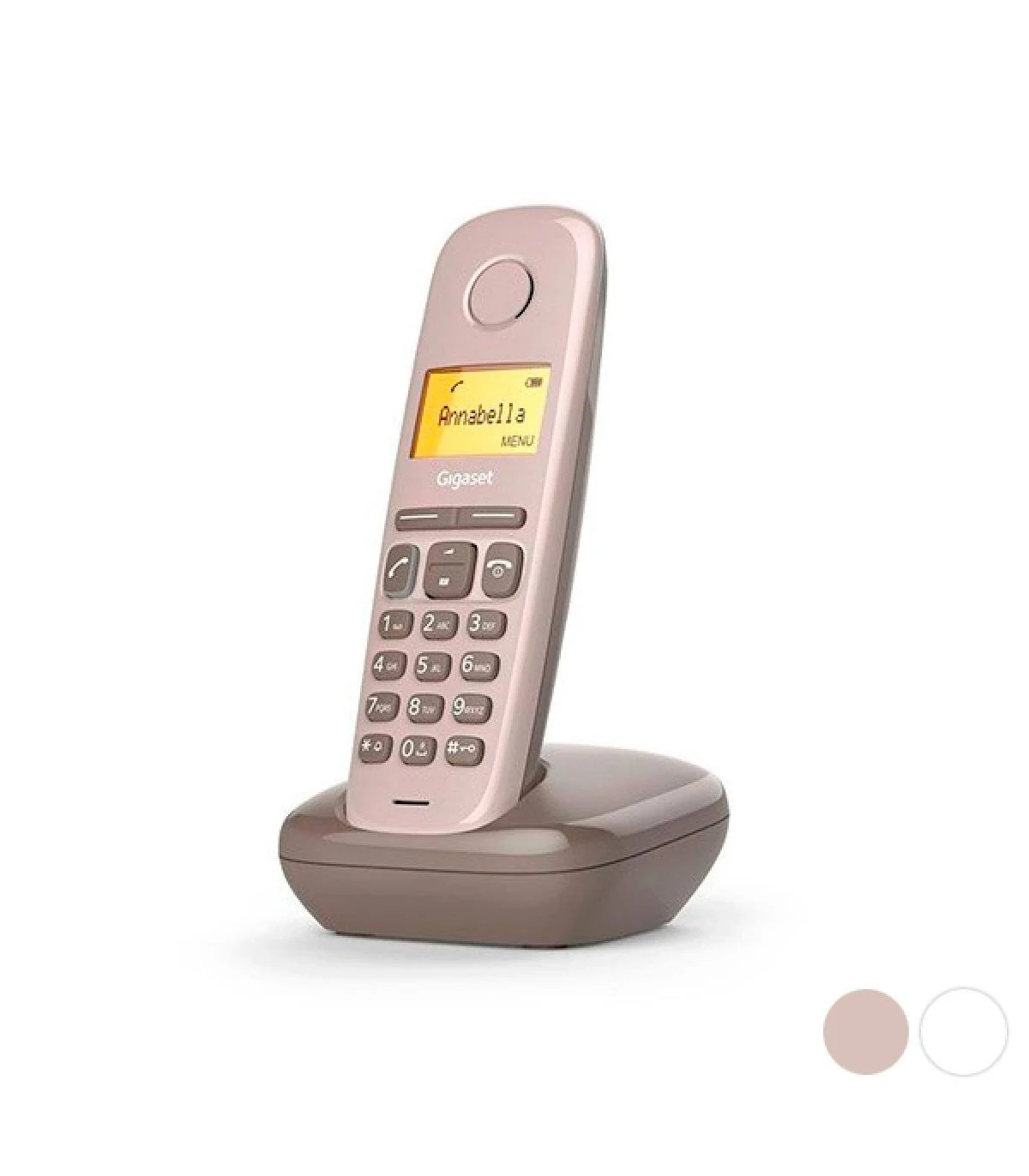 Un teléfono inalámbrico rosa y gris en su base. La pantalla muestra 'Annabella' y la opción de menú.