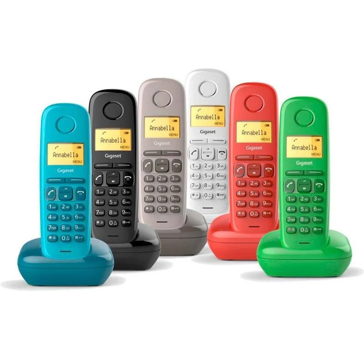 Seis teléfonos inalámbricos en varios colores con estación base y los logotipos de Gigaset y Annabella.