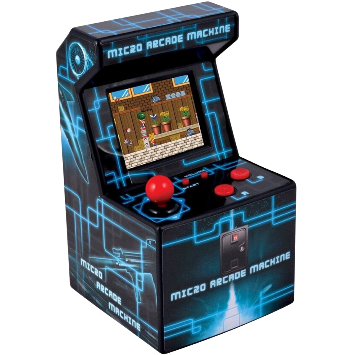 Mini máquina arcade con pantalla jugando. Negro con líneas de neón azules. Joystick y botones rojos.