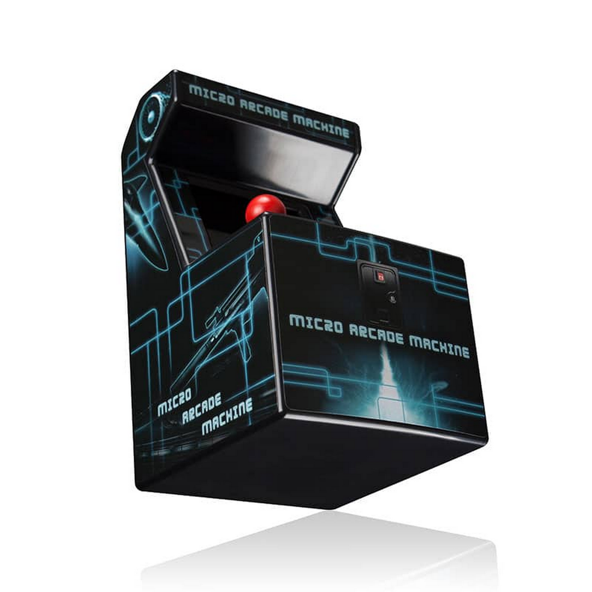 Máquina Micro Arcade negra. Joystick rojo, carcasa negra y texto en la superficie.
