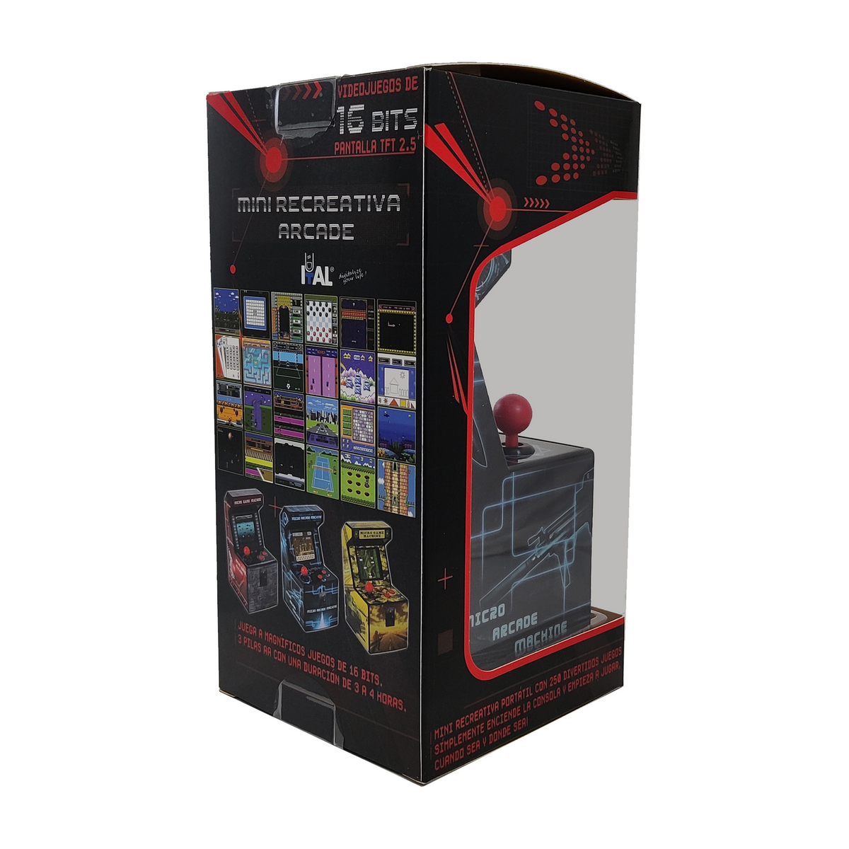 Mini máquina arcade en caja con un joystick rojo. Negro con imágenes de juegos coloridas.