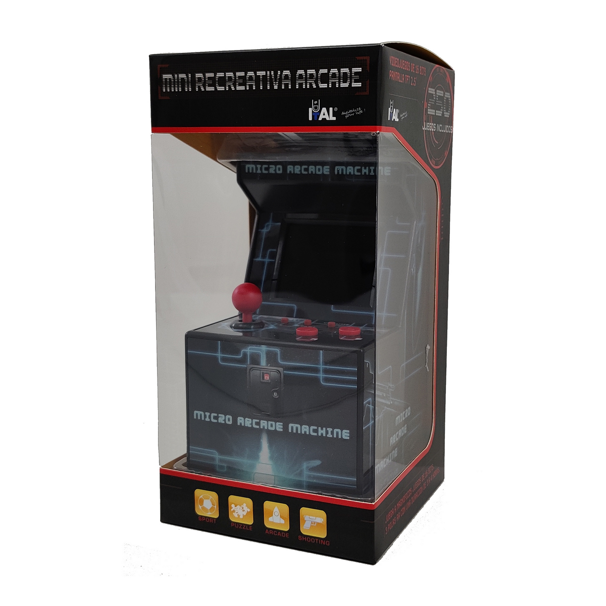 Mini juego de arcade en una caja. El juego es negro, con un joystick y botones.