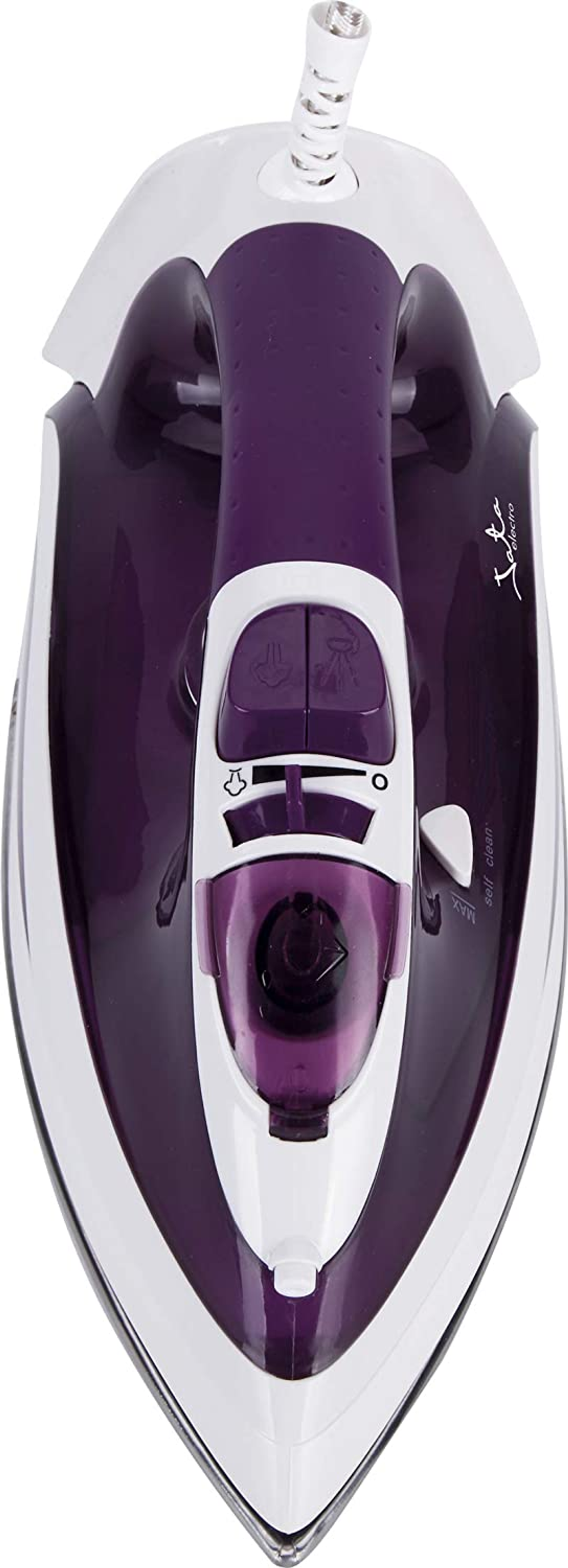 Widok z góry na fioletowo-białe żelazko. Widoczne przyciski i dysza natrysku wody.