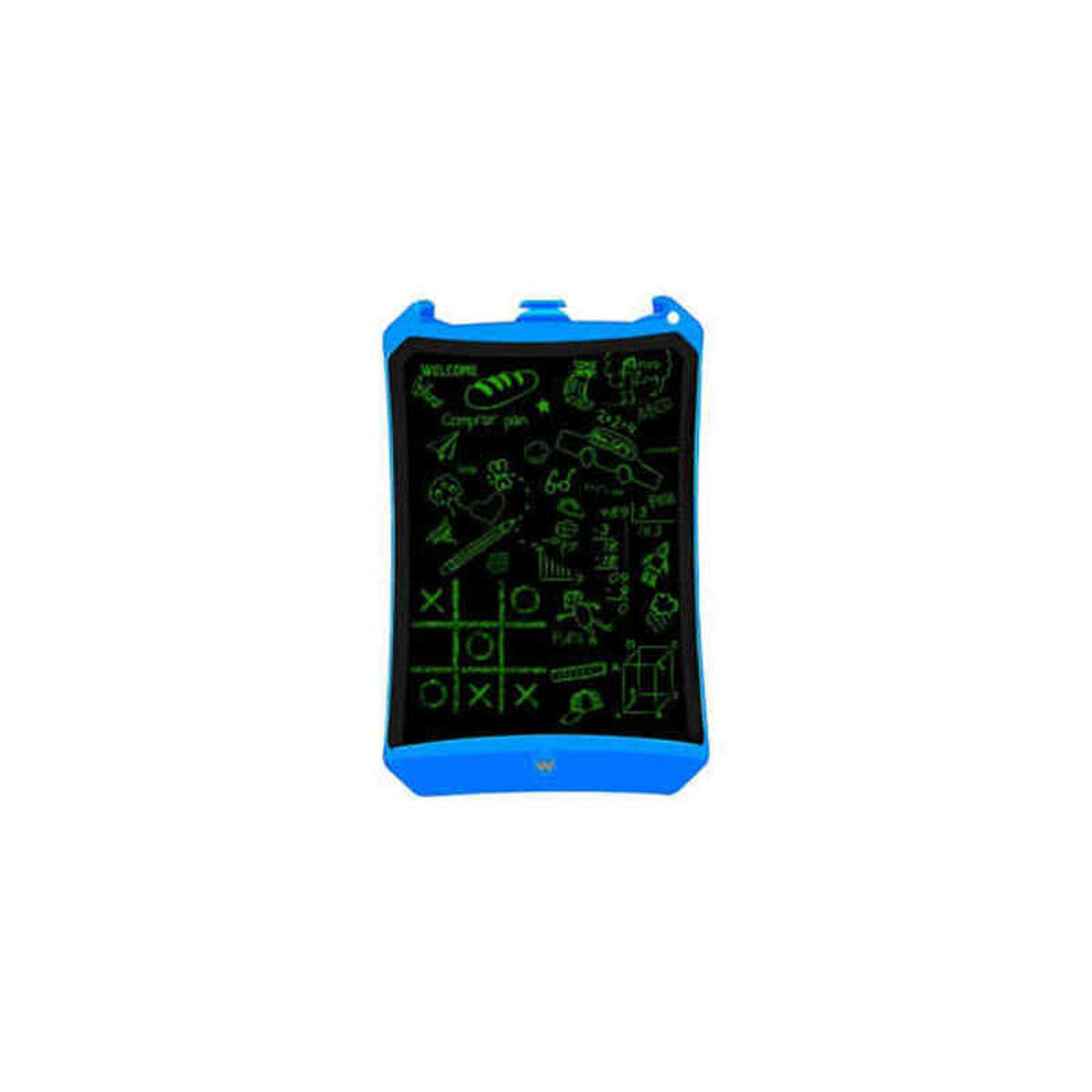 Blaues Zeichentablett mit grünem Display. Das Display zeigt Zeichnungen und Schrift in Grün. Das Gehäuse ist blau.