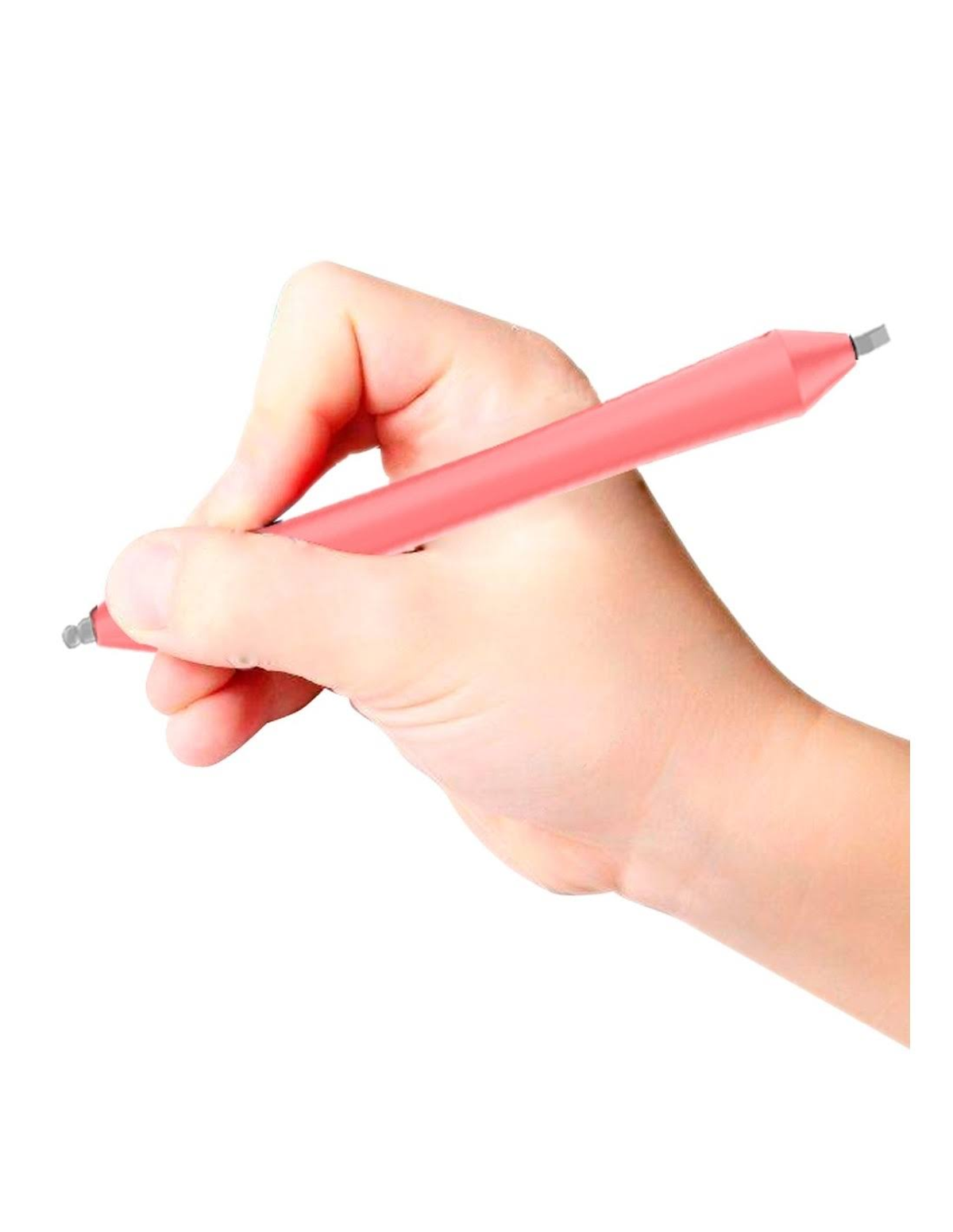 Eine Hand, die einen rosa Stift hält, bereit zu schreiben. Weißer Hintergrund.