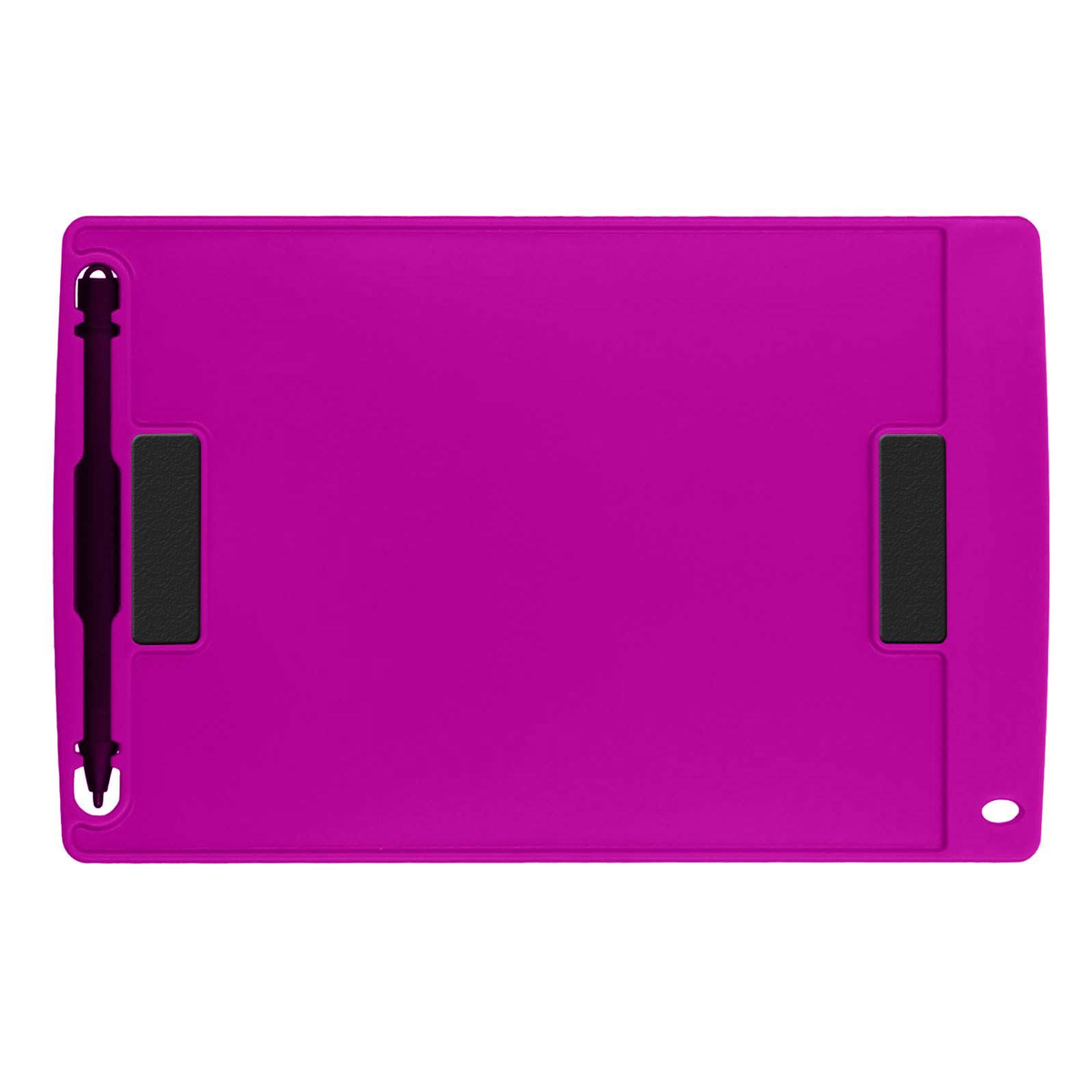 Ein magenta Tablet mit einem Stift und schwarzen Griffen. Es hat eine rechteckige Form.