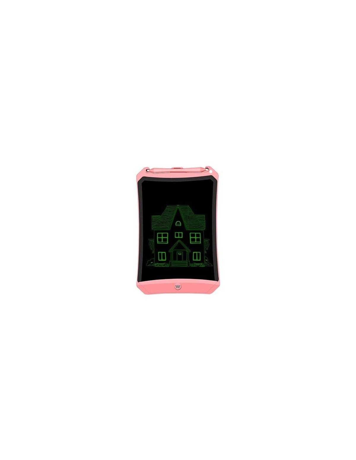 Ein rosa Tablet mit einer grünen Hauszeichnung auf dem Bildschirm, vor weißem Hintergrund.