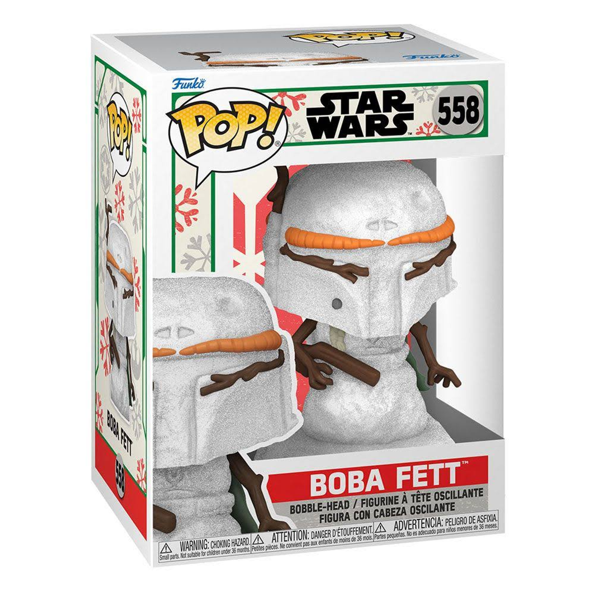 Una figura Funko Pop Boba Fett in una scatola, con una figura innevata di Boba Fett all'interno, su sfondo bianco.