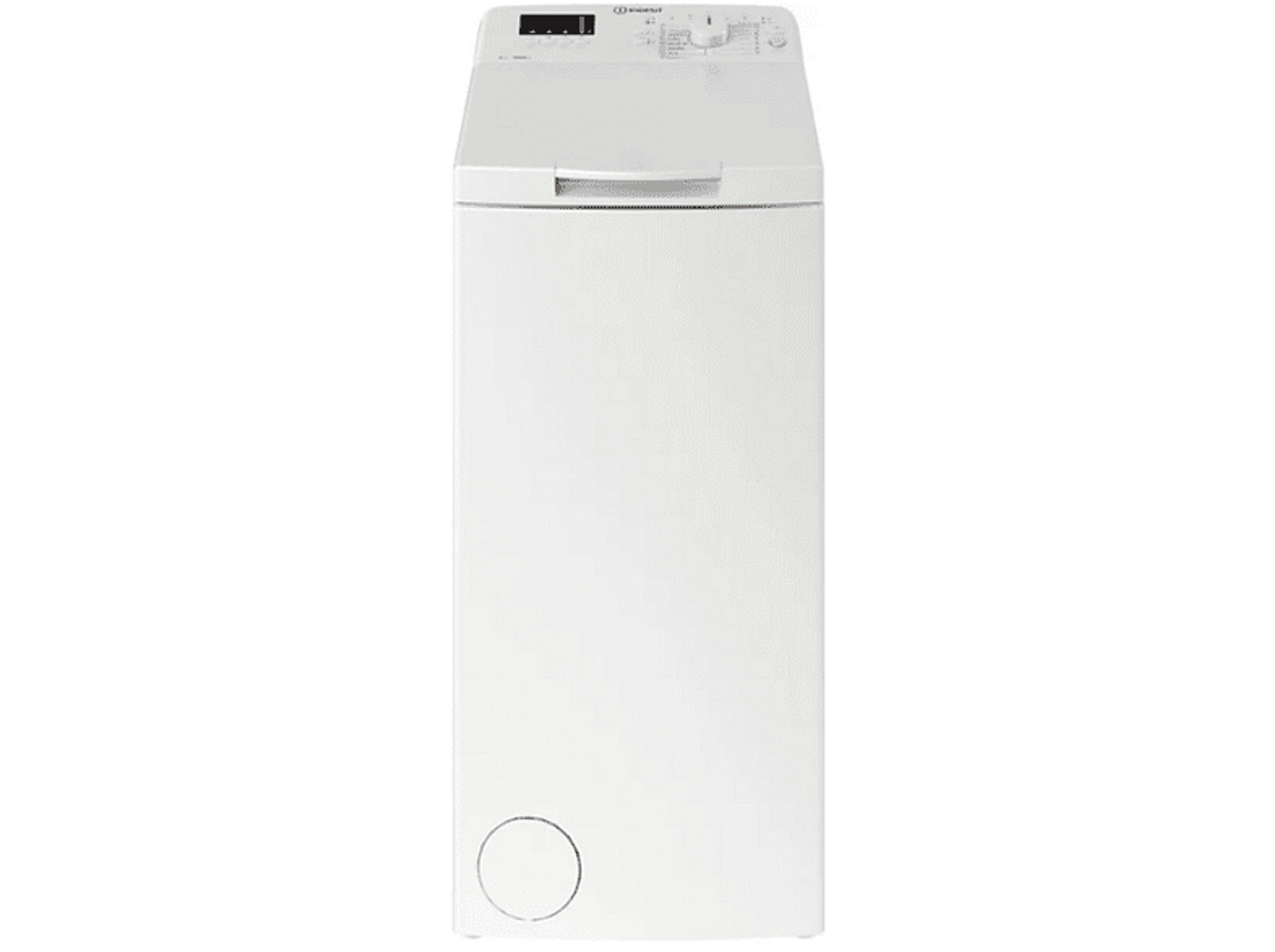 Lavatrice Indesit a carica dall'alto bianca, con pannello di controllo sulla parte superiore.