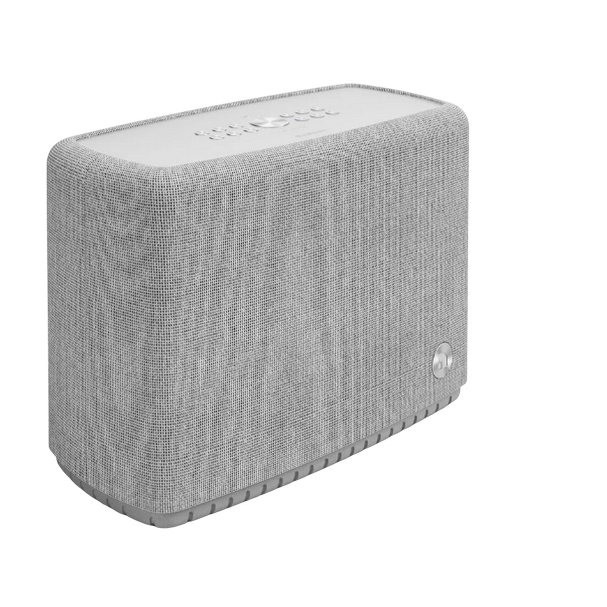 Un altoparlante grigio con una copertura in tessuto grigio chiaro, con la parte superiore e inferiore esposte.