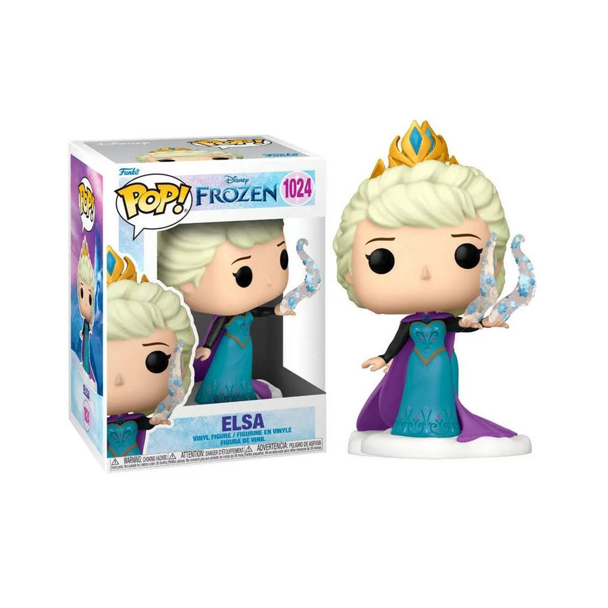 Elsa Funko Pop Figur mit Box. Elsa hält Eismagie, trägt ein blaues Kleid.