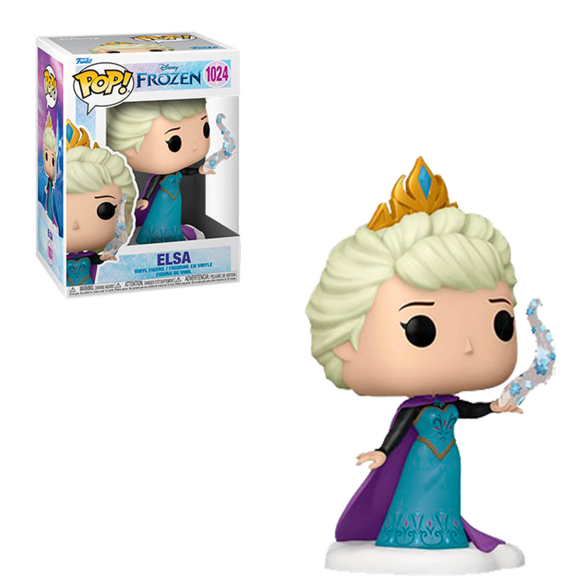 Figura Funko Pop de Elsa con caja. Elsa usa vestido azul y corona.