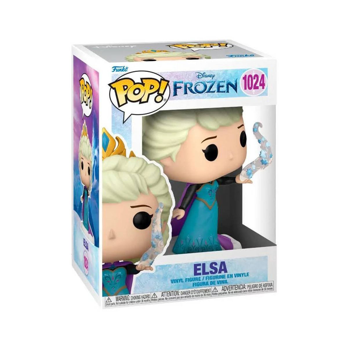 Figura Funko Pop de Elsa de Frozen de Disney, en una caja. Muestra al personaje con magia de hielo.
