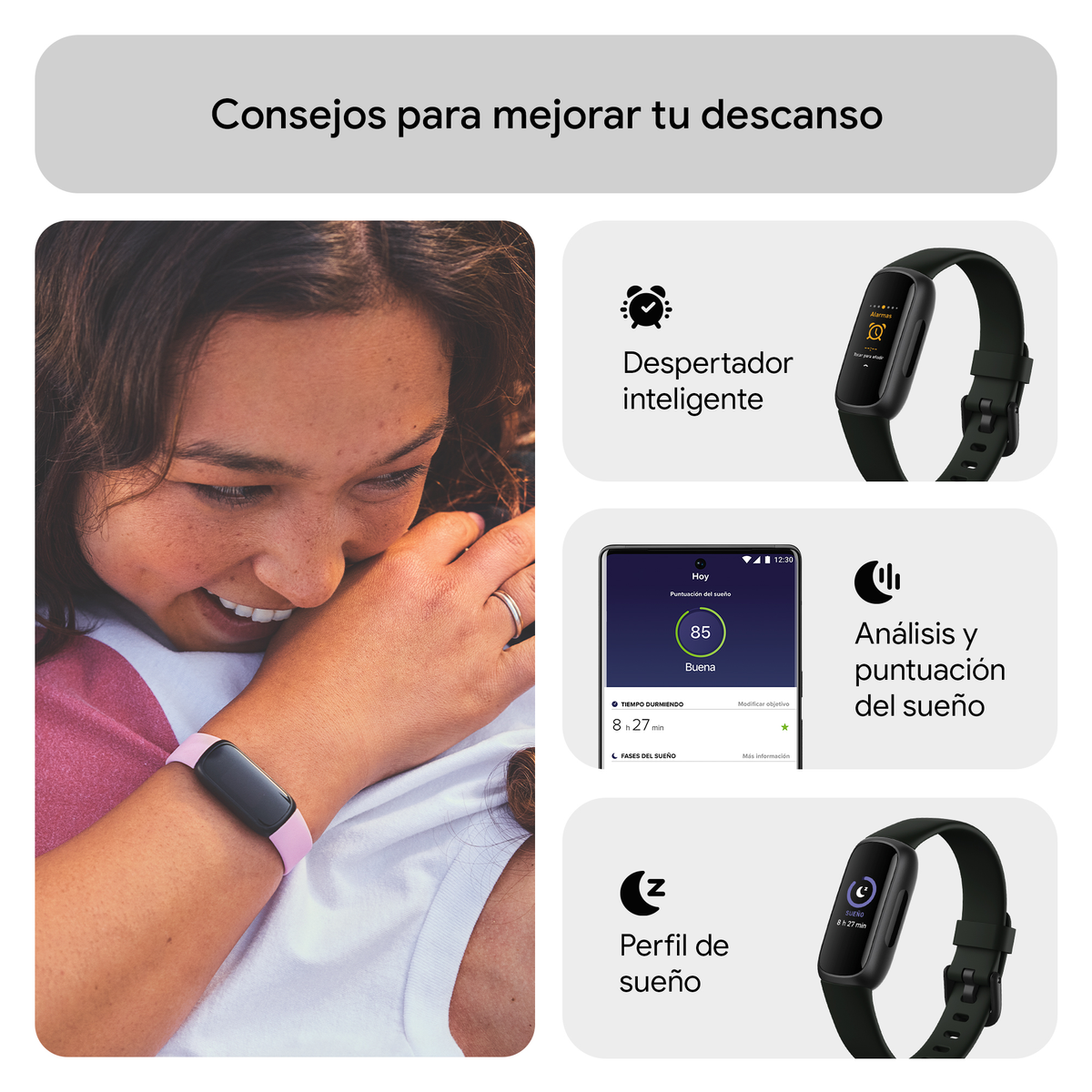 Uśmiechnięta kobieta, nosząca smartwatch. Infografiki o śnie i analizie snu.