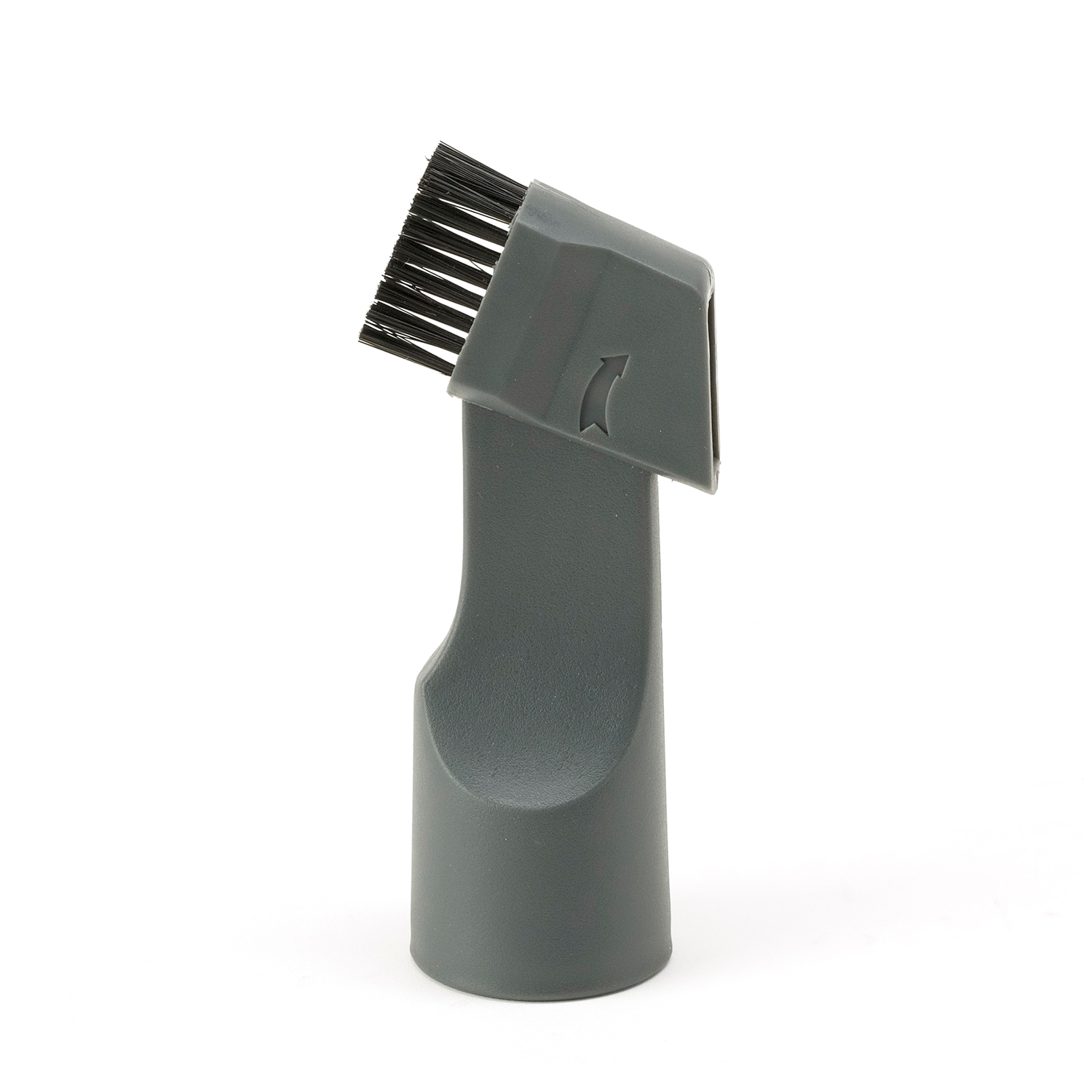 Szara końcówka do odkurzacza ze szczotką na białym tle.