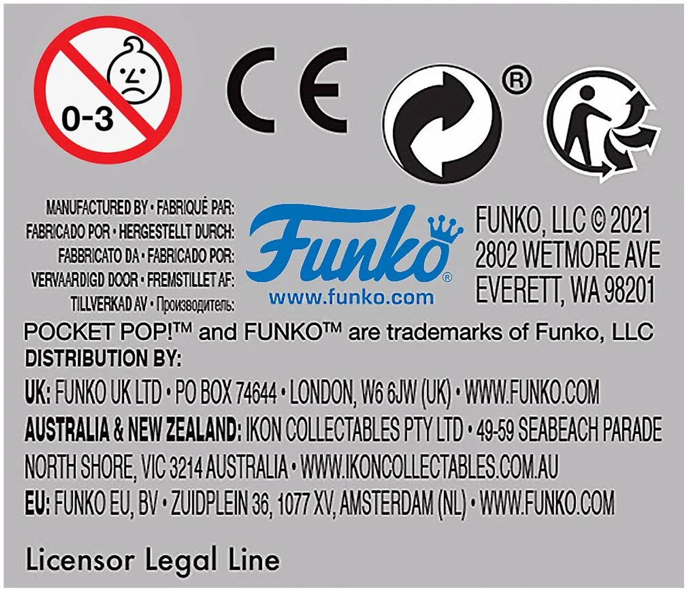Funko-Produktverpackung mit Logos und Text. Enthält Funko-, CE-Kennzeichen und Recycling-Symbole. Weißer Hintergrund.