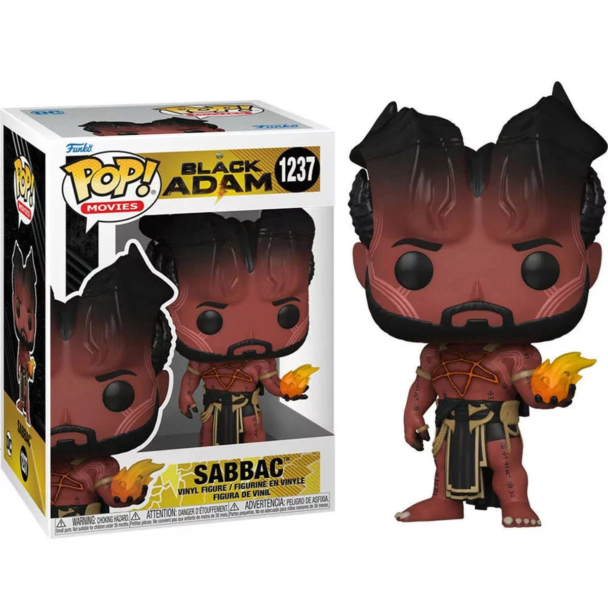 Eine Funko Pop Figur von Black Adam, der eine Flamme hält. Die Figur ist rot und schwarz mit detaillierten Merkmalen.