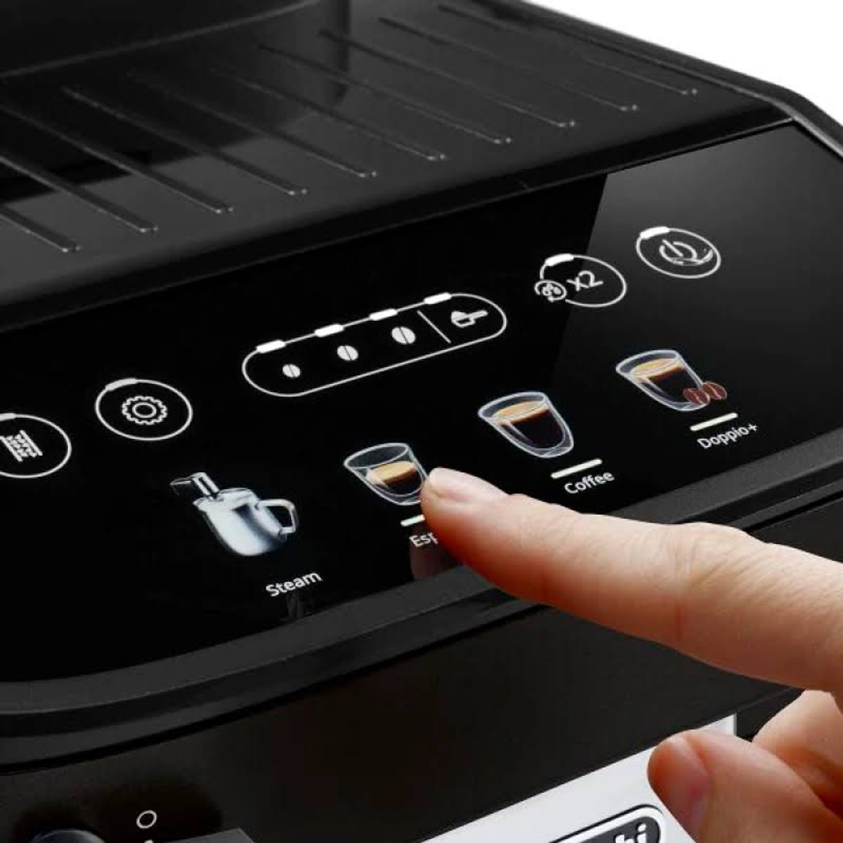 Close-up of a finger touching a coffee machine's display.
