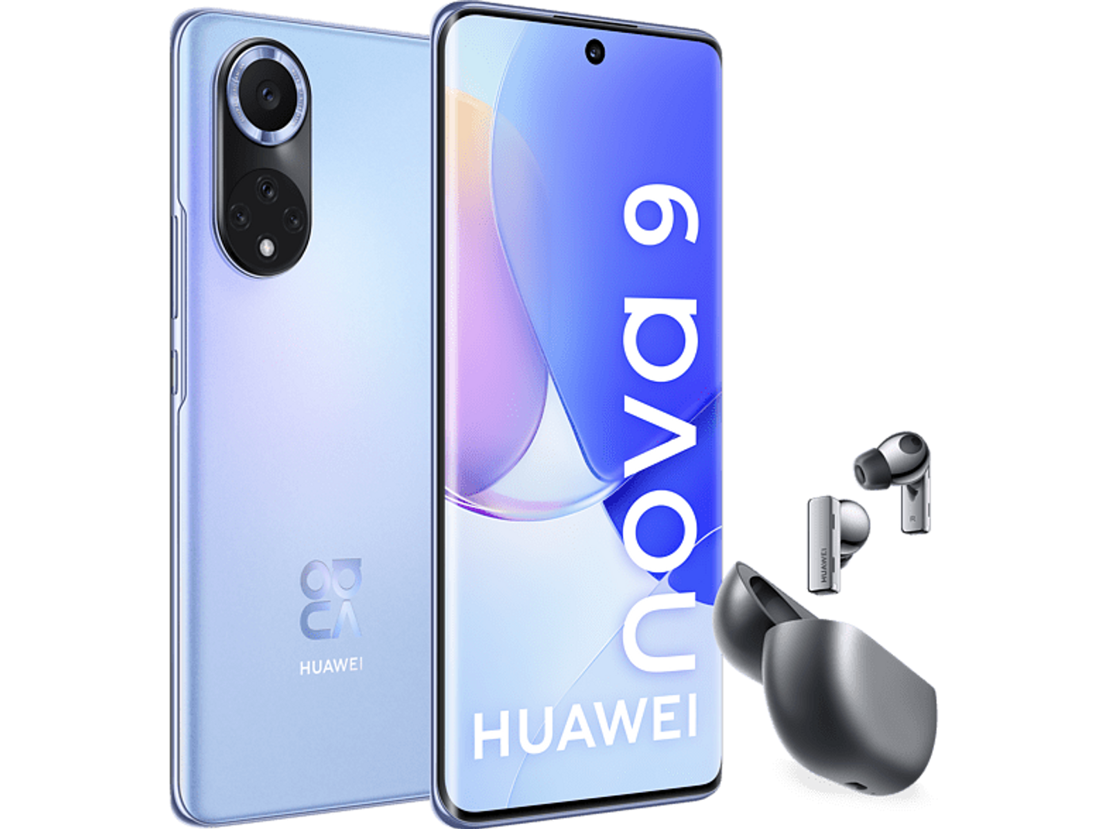 Un smartphone Huawei Nova 9 azul con auriculares, sobre un fondo negro.