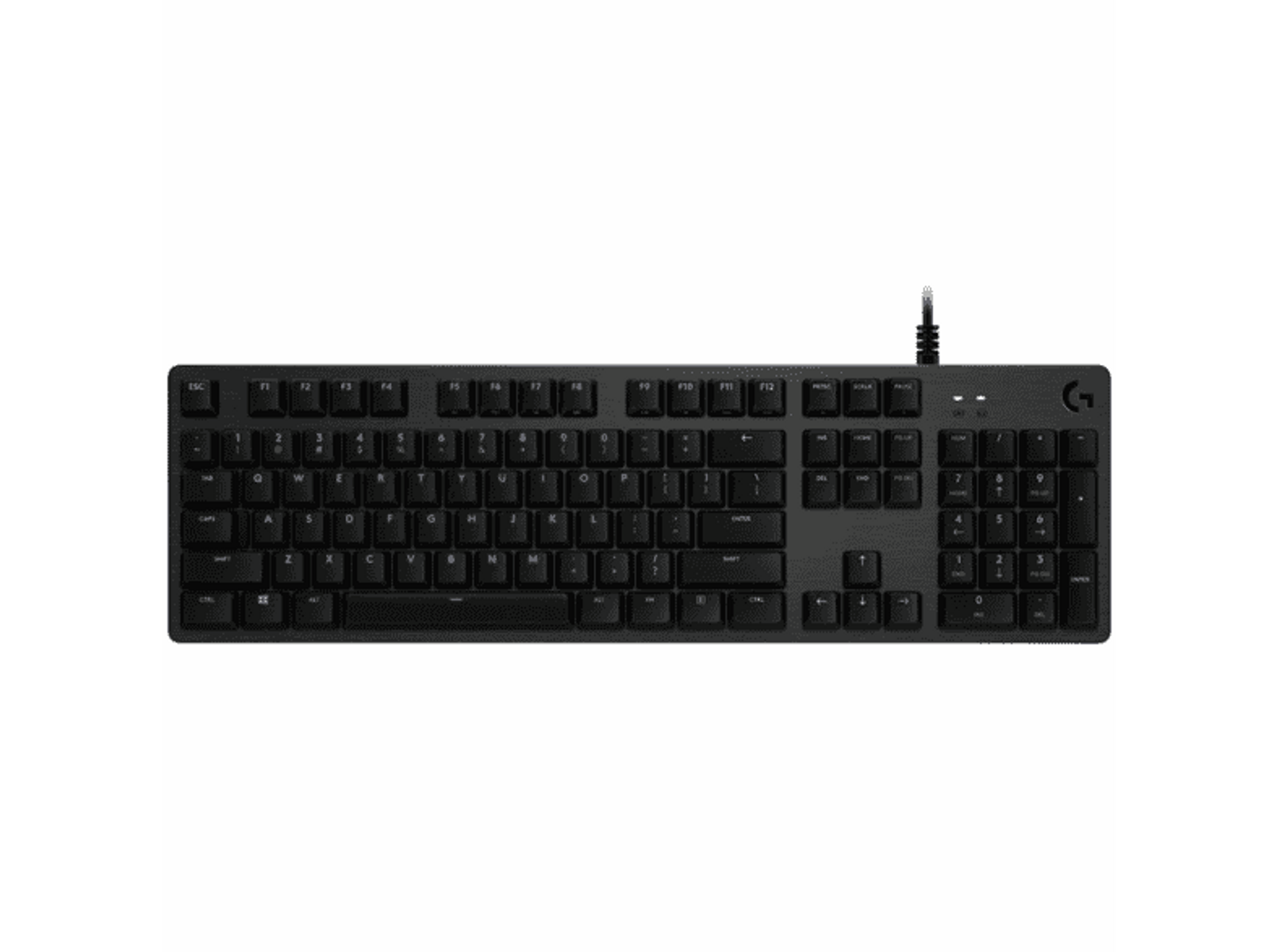 Czarna klawiatura z białymi literami i cyframi. Ma logo G w prawym górnym rogu. Ma czarny kabel USB.