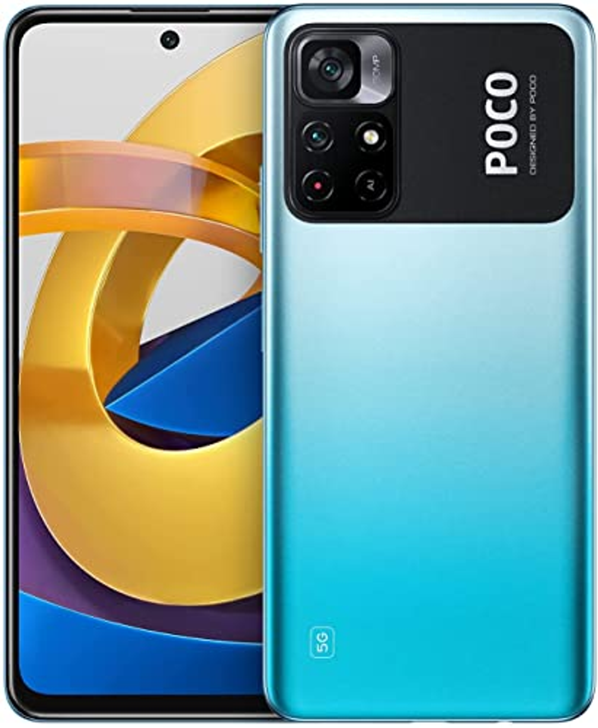 Ein blaues Smartphone mit einem schwarzen Kameramodul und dem Wort 'POCO' auf der Rückseite.