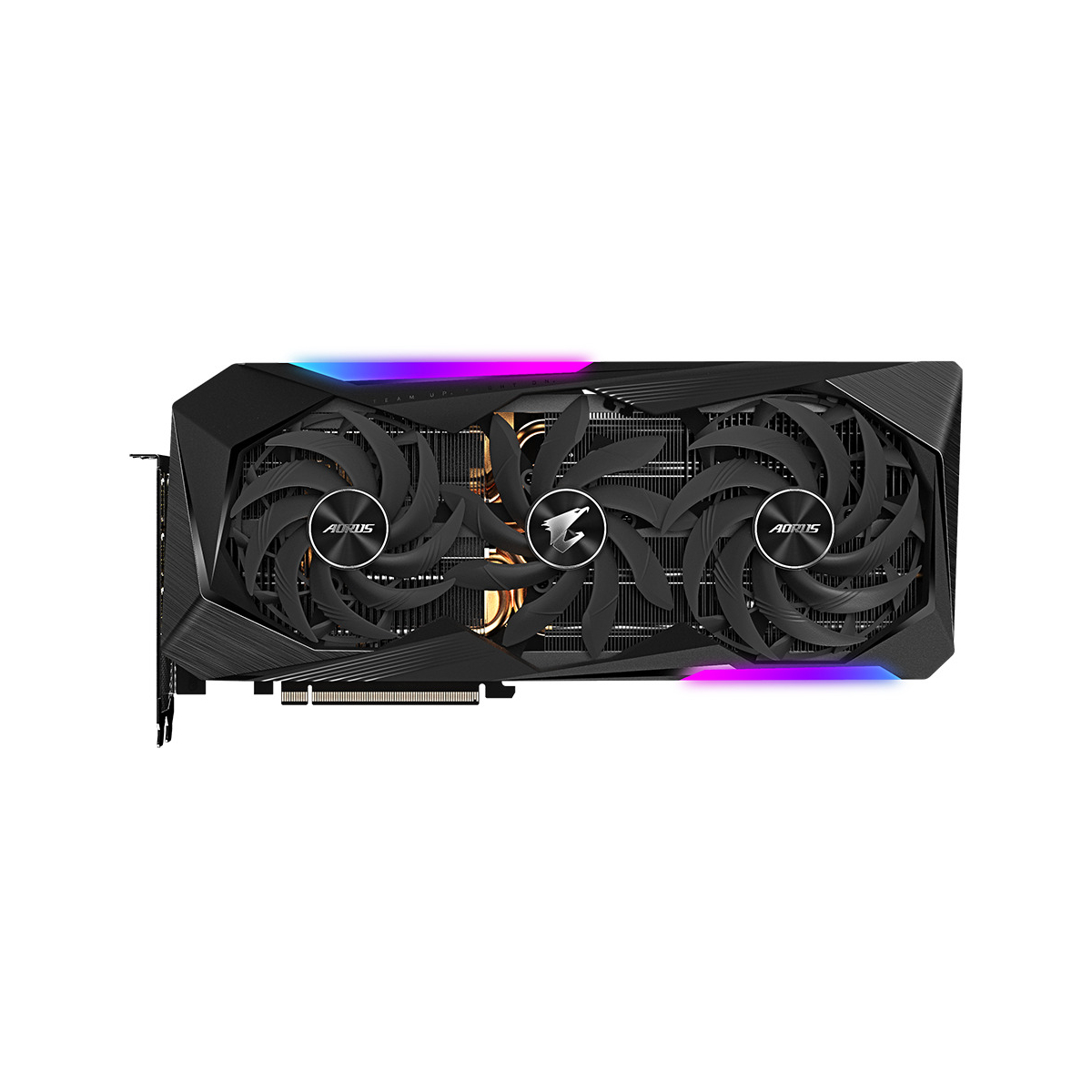 Schwarz-silberne Grafikkarte mit drei Lüftern. AORUS-Logo vorhanden. Die Karte hat LED-Beleuchtung.