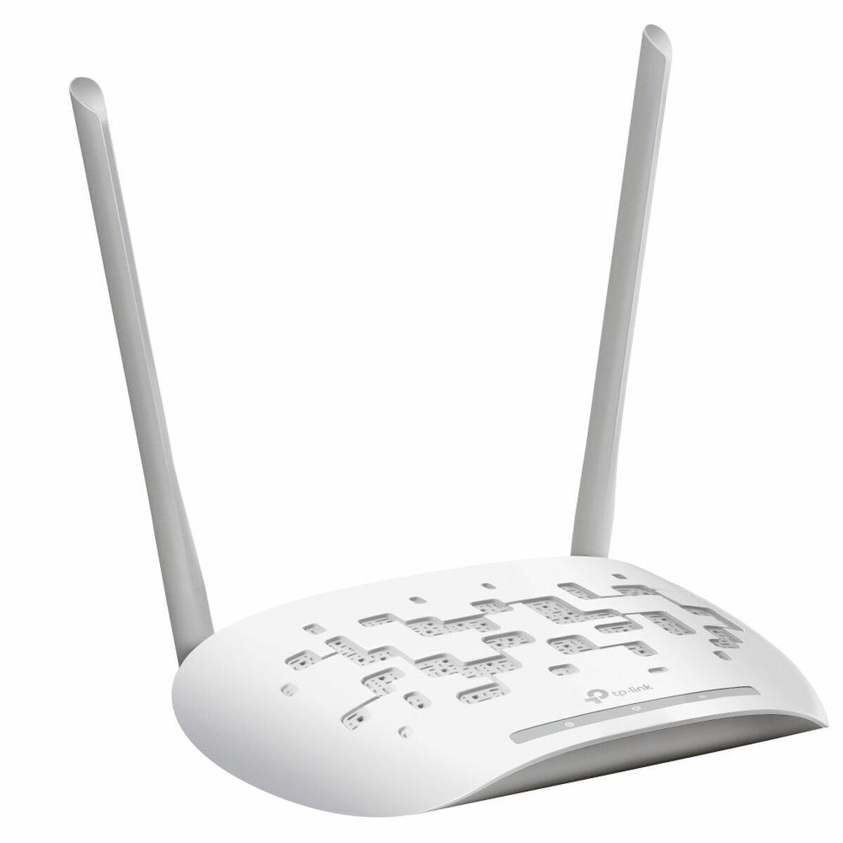 Biały router Wi-Fi z dwiema antenami skierowanymi do góry.