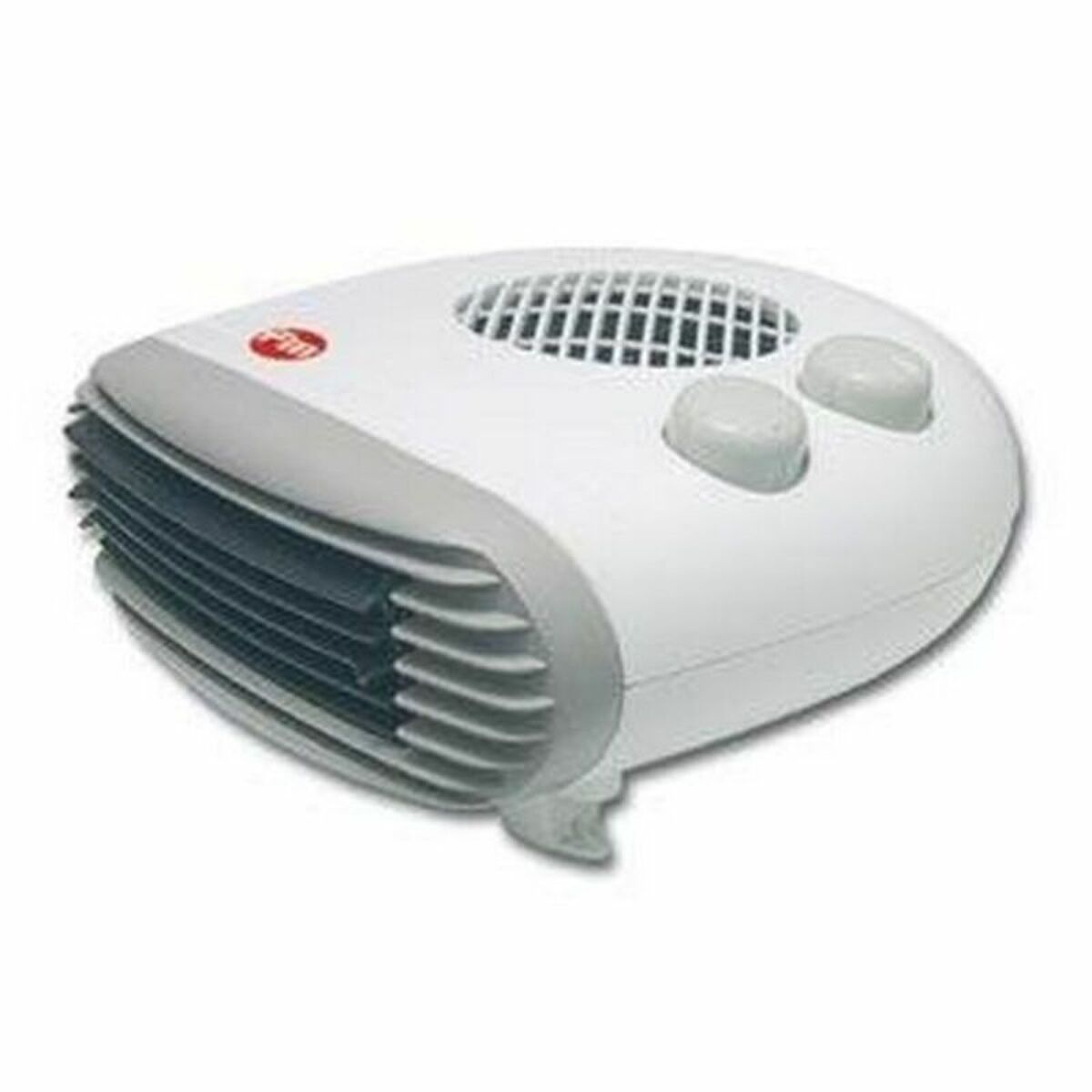 Calentador eléctrico blanco con detalles grises. Tiene ventilador, dos perillas y una ventilación lateral.