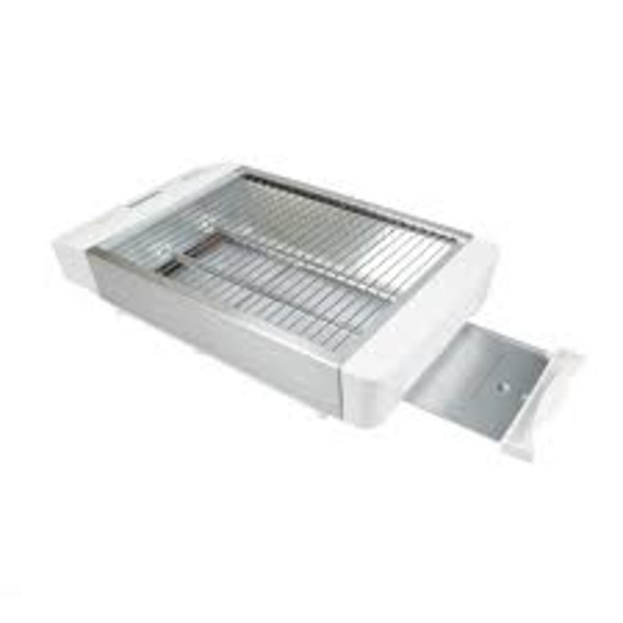 Mikrowelle mit geöffneter Tür. Innenansicht, mit Drehteller und Metallgitter.