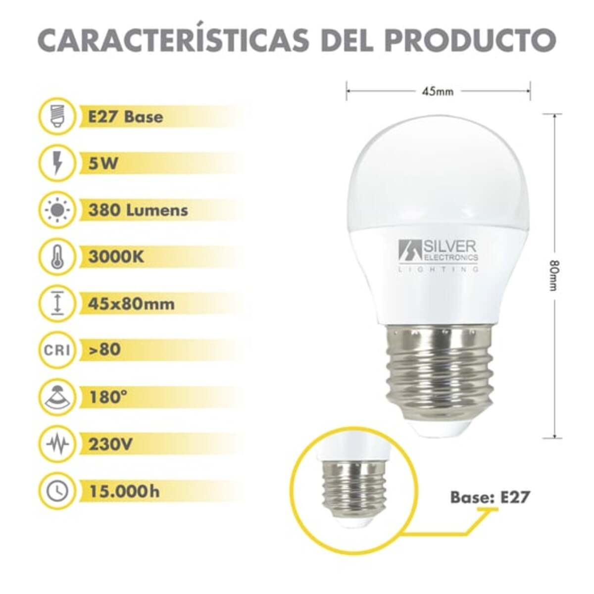 Una bombilla LED blanca con detalles de especificaciones. Tiene una base plateada y una parte superior redondeada.