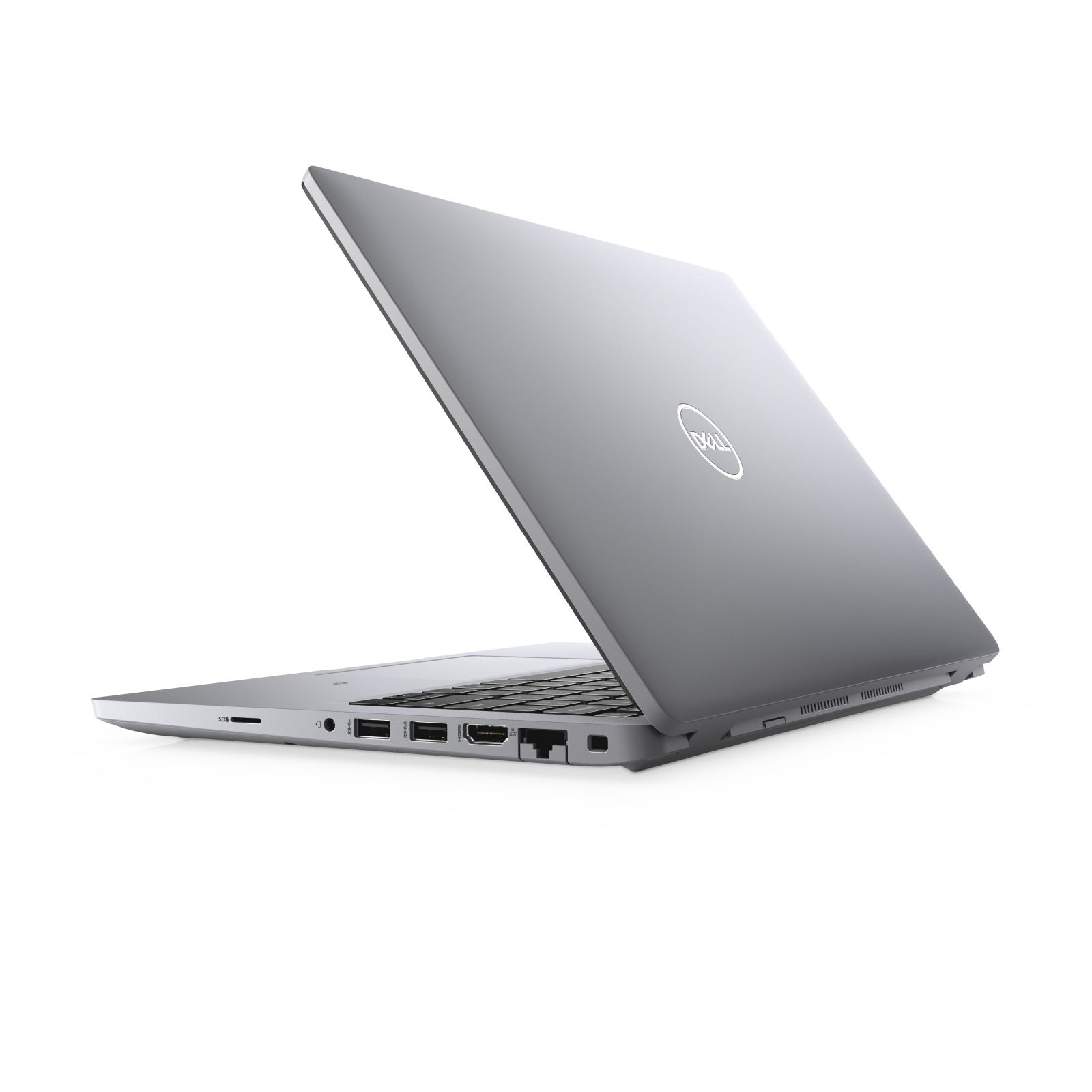 Silberner Laptop, offen, angewinkelte Ansicht. Weißer Hintergrund. Dell-Logo auf dem Deckel.