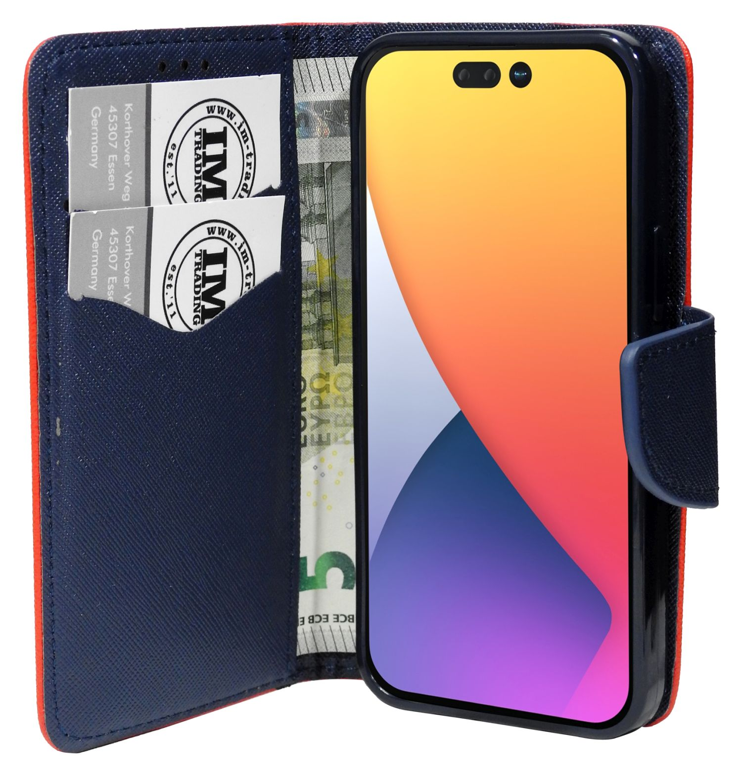 Portafoglio blu e rosso aperto, con contanti, due carte e un telefono.